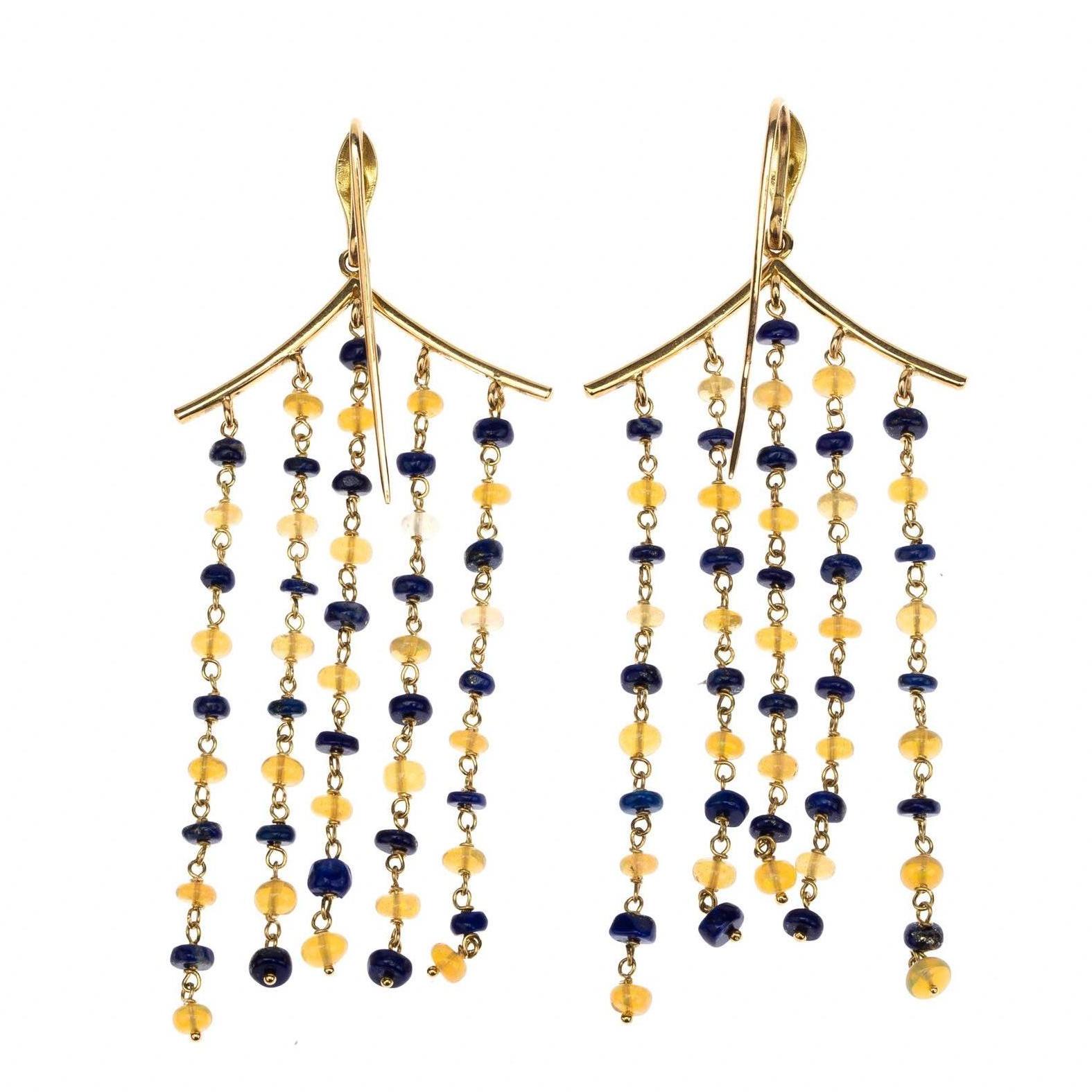 Artisan 18 Karat Gold Lapilazuli Opal Pagoda Earrings For Sale