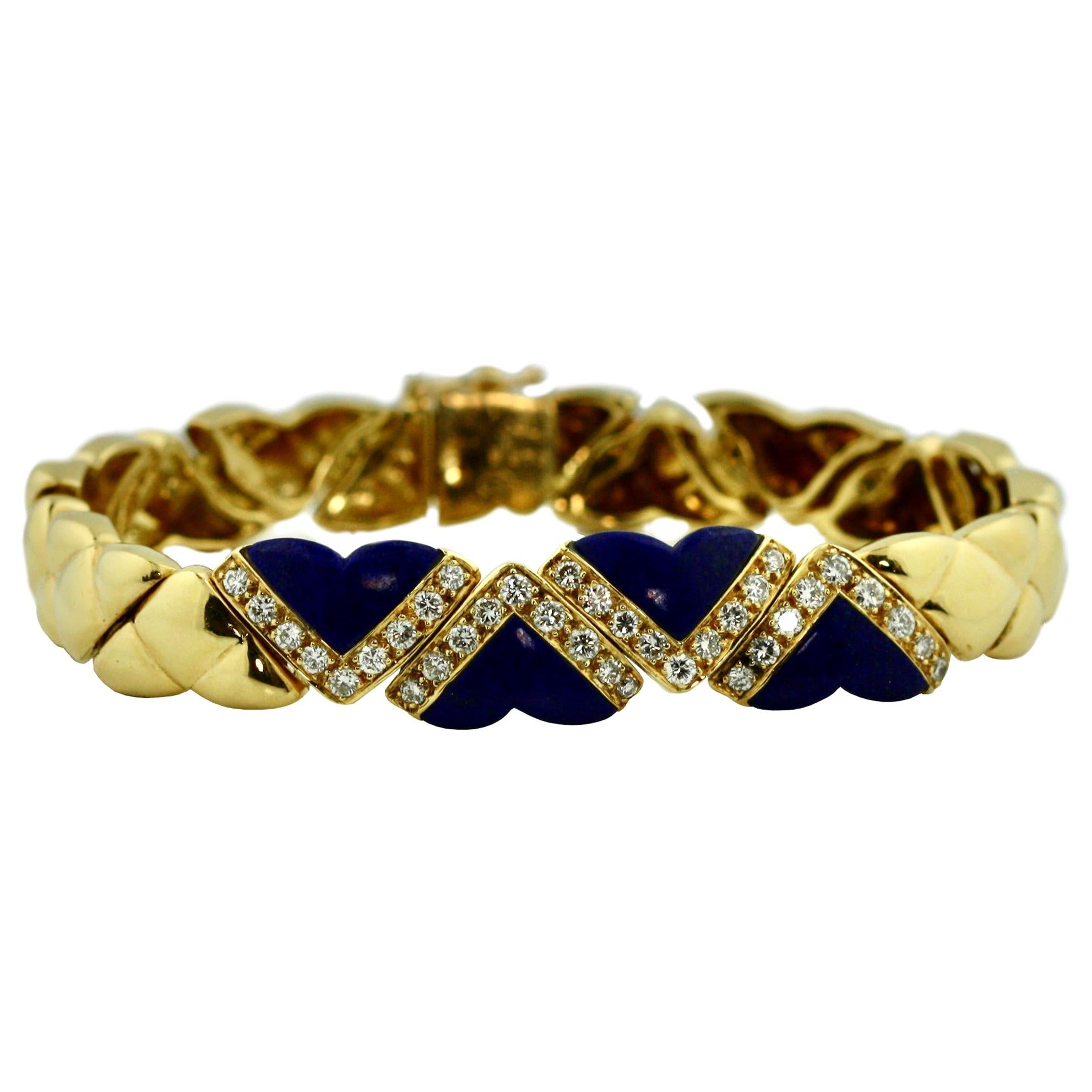 18 Karat Gold, Lapis and Diamond Bracelet, Fred, Paris