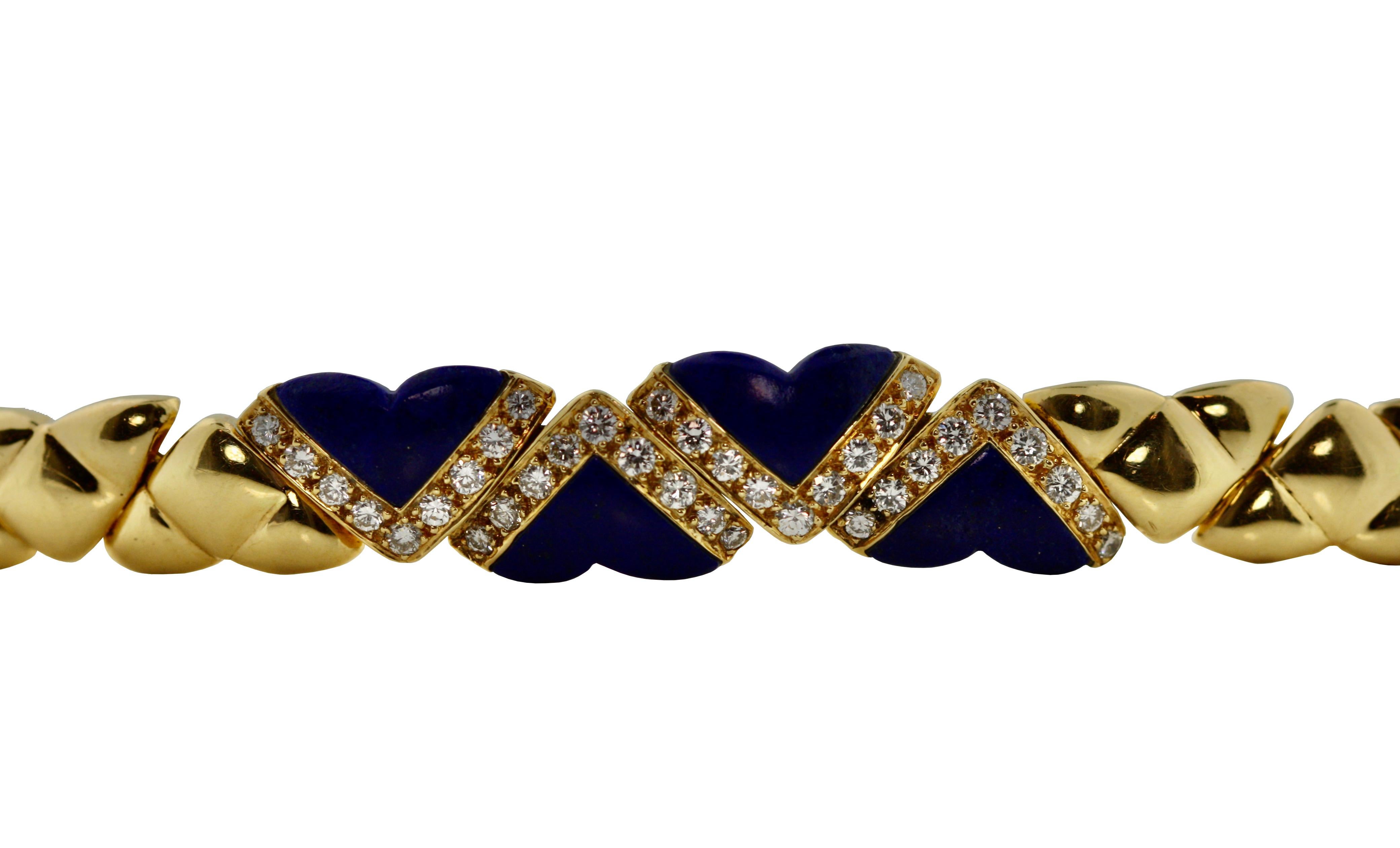 

18 Karat Gold, Lapis and Diamond Bracelet, 
Fred, Paris
Composed of V-shaped links set with round and single-cut diamonds weighing approximately 1.10 carats, gross weight approximately 22 dwts,
length 6 1/2 inches, 
signed Fred Paris.
