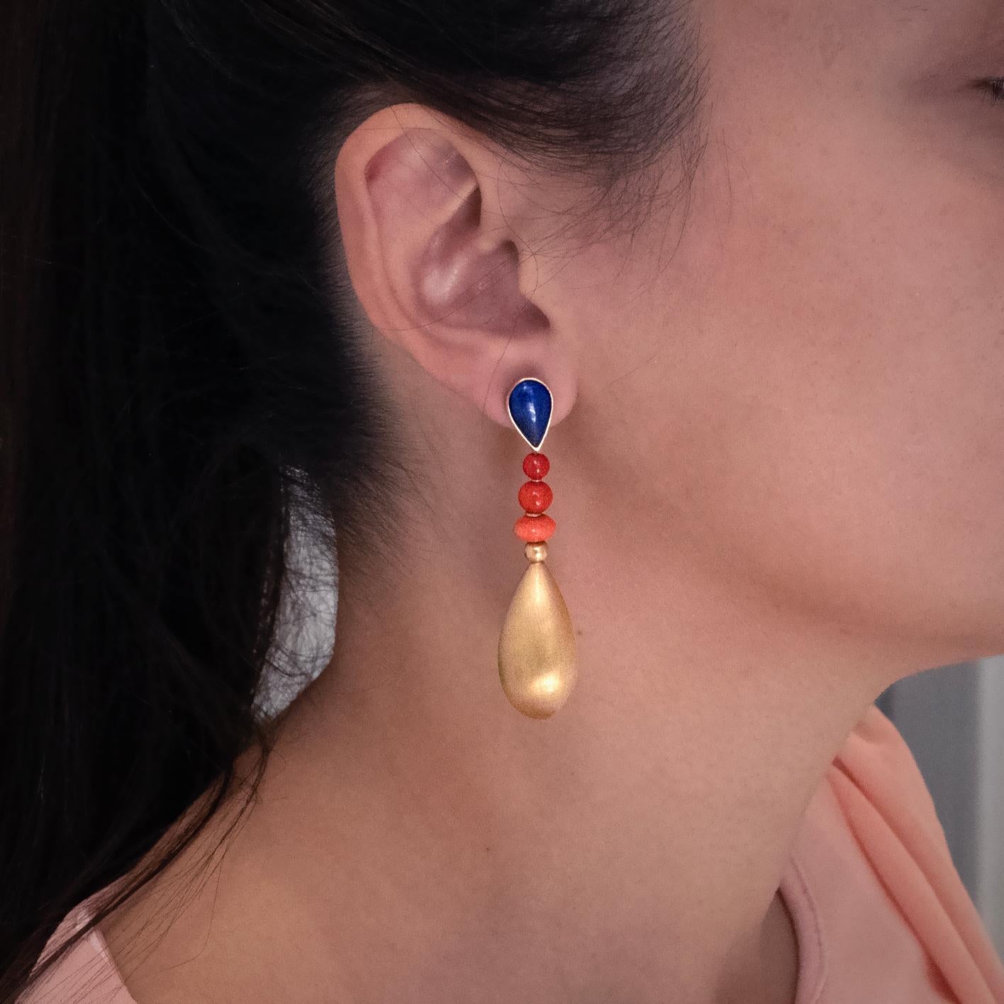 Bead 18-Karat Gold Lapis lazuli and Coral Drop Earrings For Sale