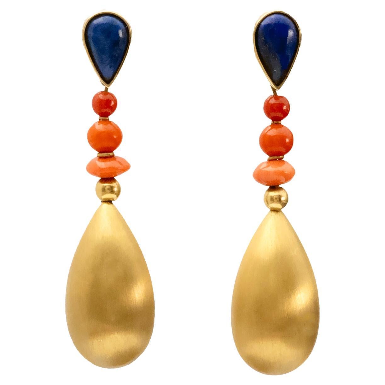 18-Karat Gold Lapis lazuli and Coral Drop Earrings For Sale