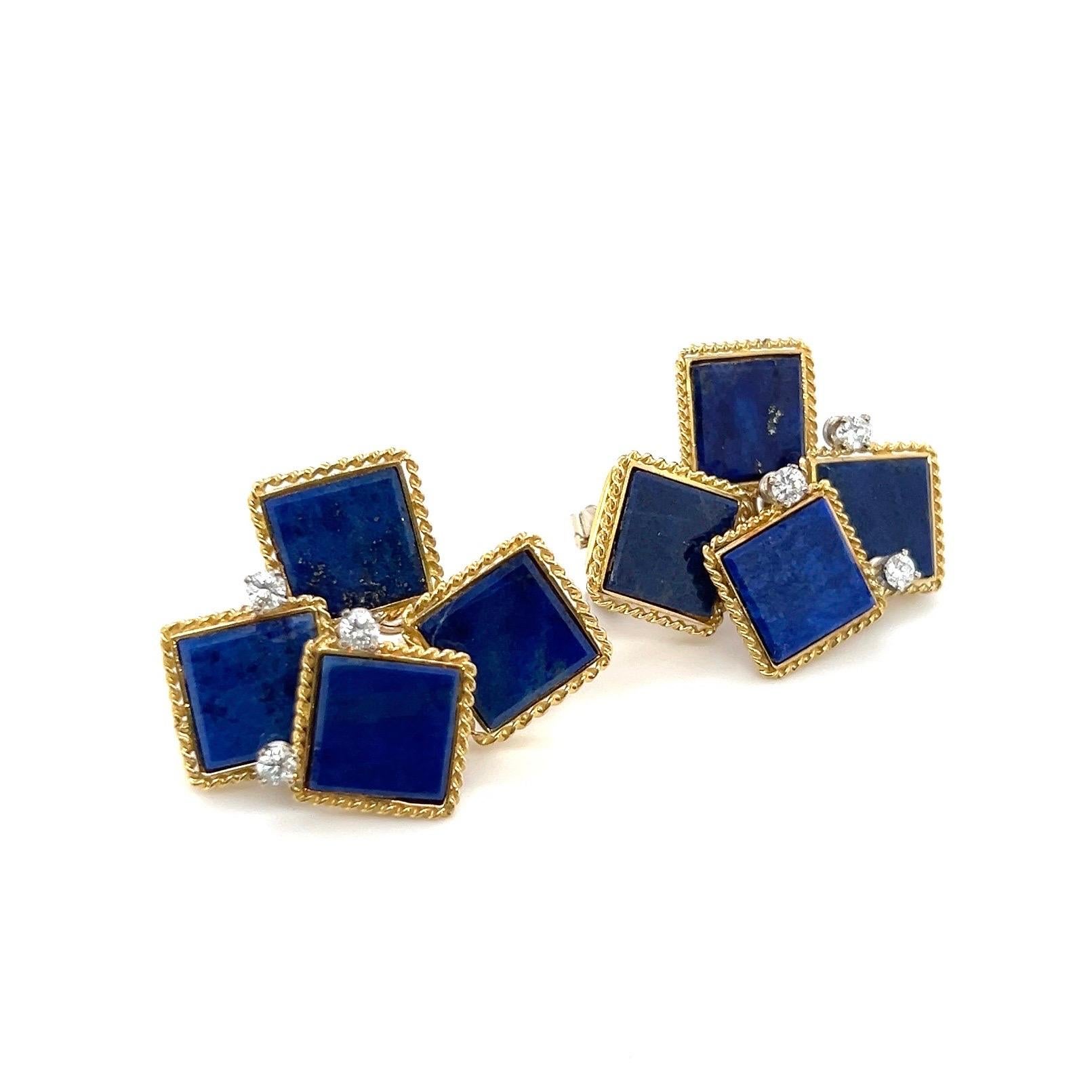 Eye-catching 18 karat gold, lapis lazuli and diamond modernist earrings, 1970s.

Crafted in 18 karat yellow gold, these fabulous earrings consist of eight square lapis lazuli-set plaques in a fine frame of corded gold wire and are additionally
