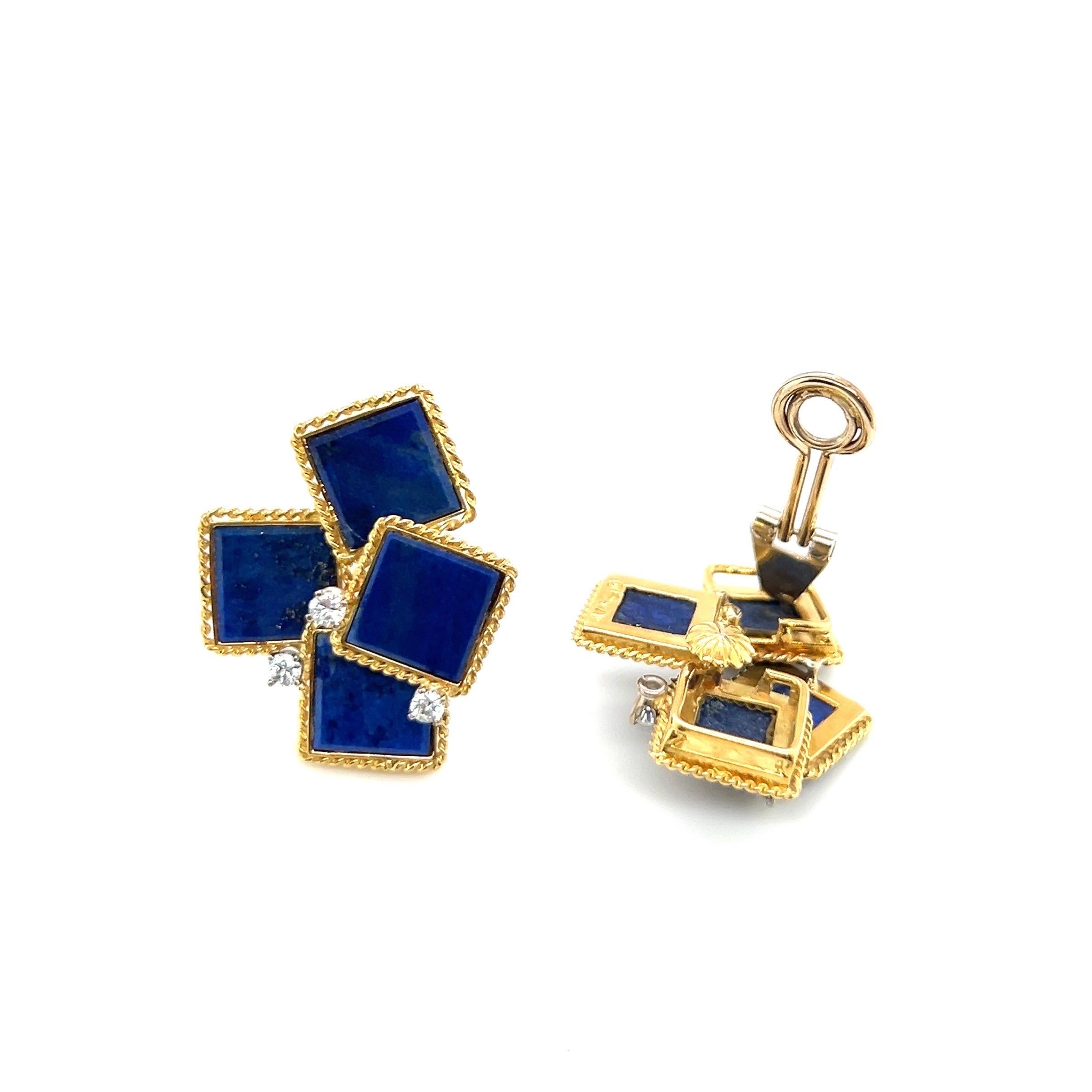 18 Karat Gold Lapis Lazuli and Diamond Modernist Earrings, 1970s In Good Condition For Sale In Zurich, CH