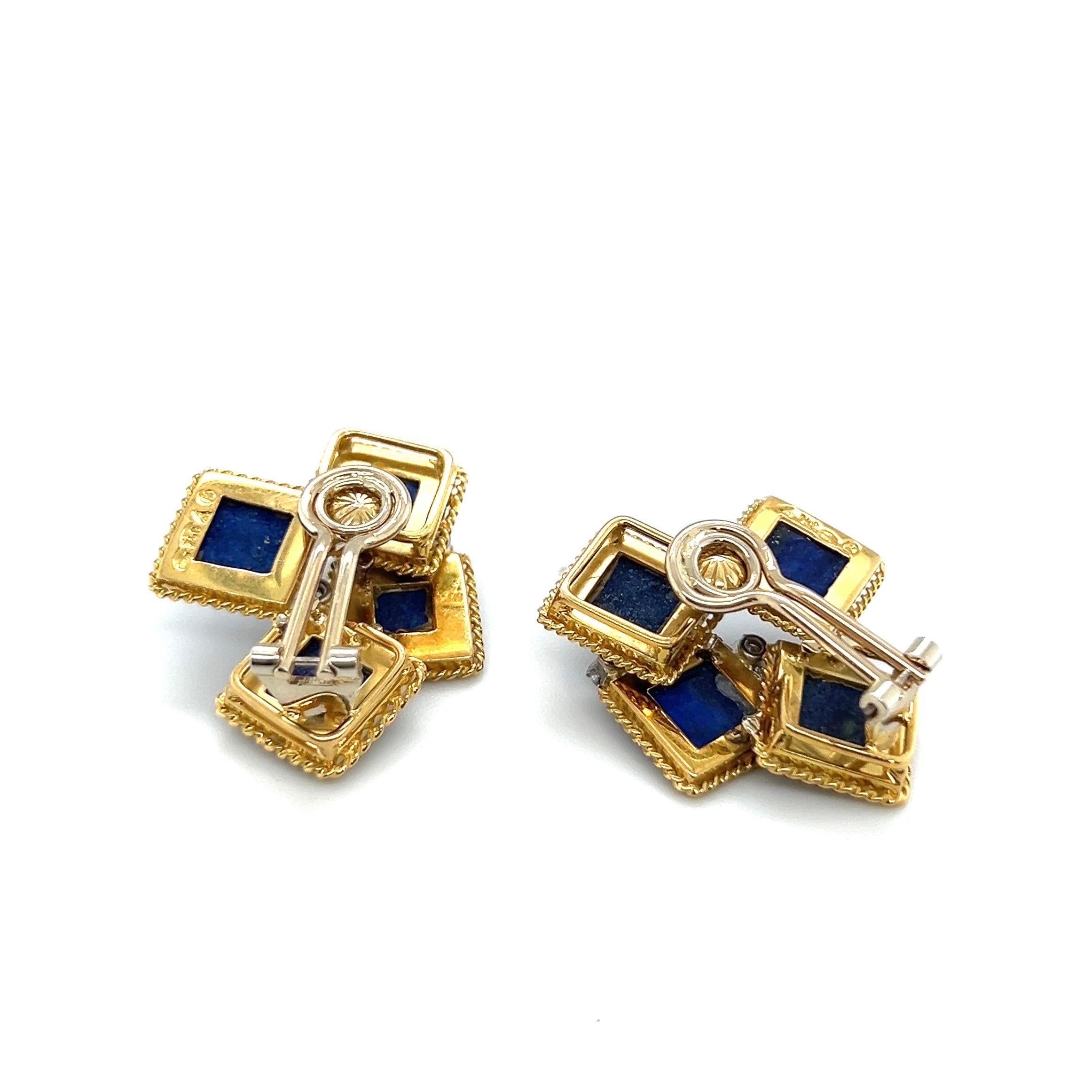 Women's 18 Karat Gold Lapis Lazuli and Diamond Modernist Earrings, 1970s For Sale