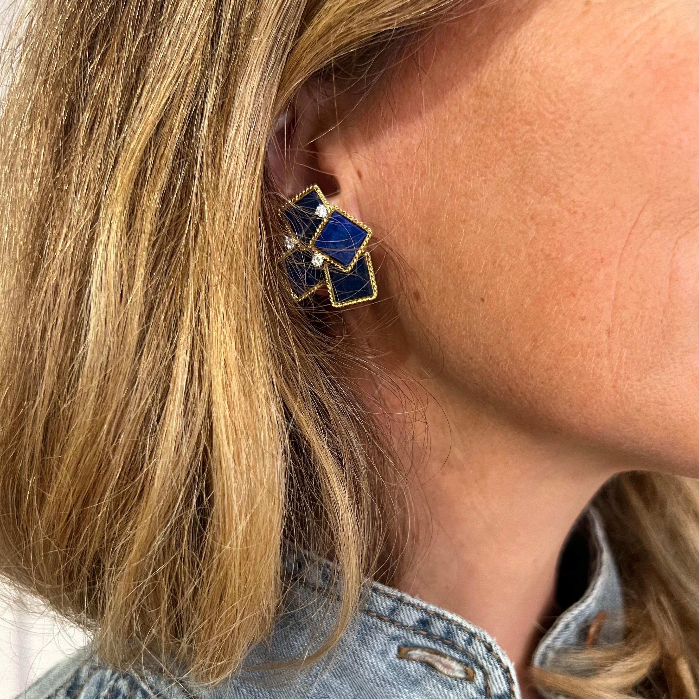 18 Karat Gold Lapis Lazuli and Diamond Modernist Earrings, 1970s For Sale 2