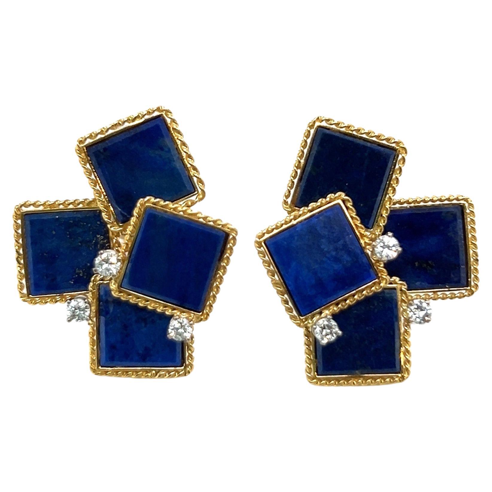Modernistische Ohrringe aus 18 Karat Gold mit Lapislazuli und Diamanten, 1970er Jahre