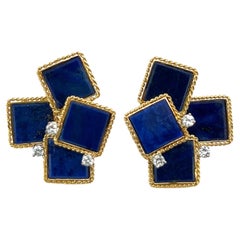 18 Karat Gold Lapis Lazuli and Diamond Modernist Earrings, 1970s