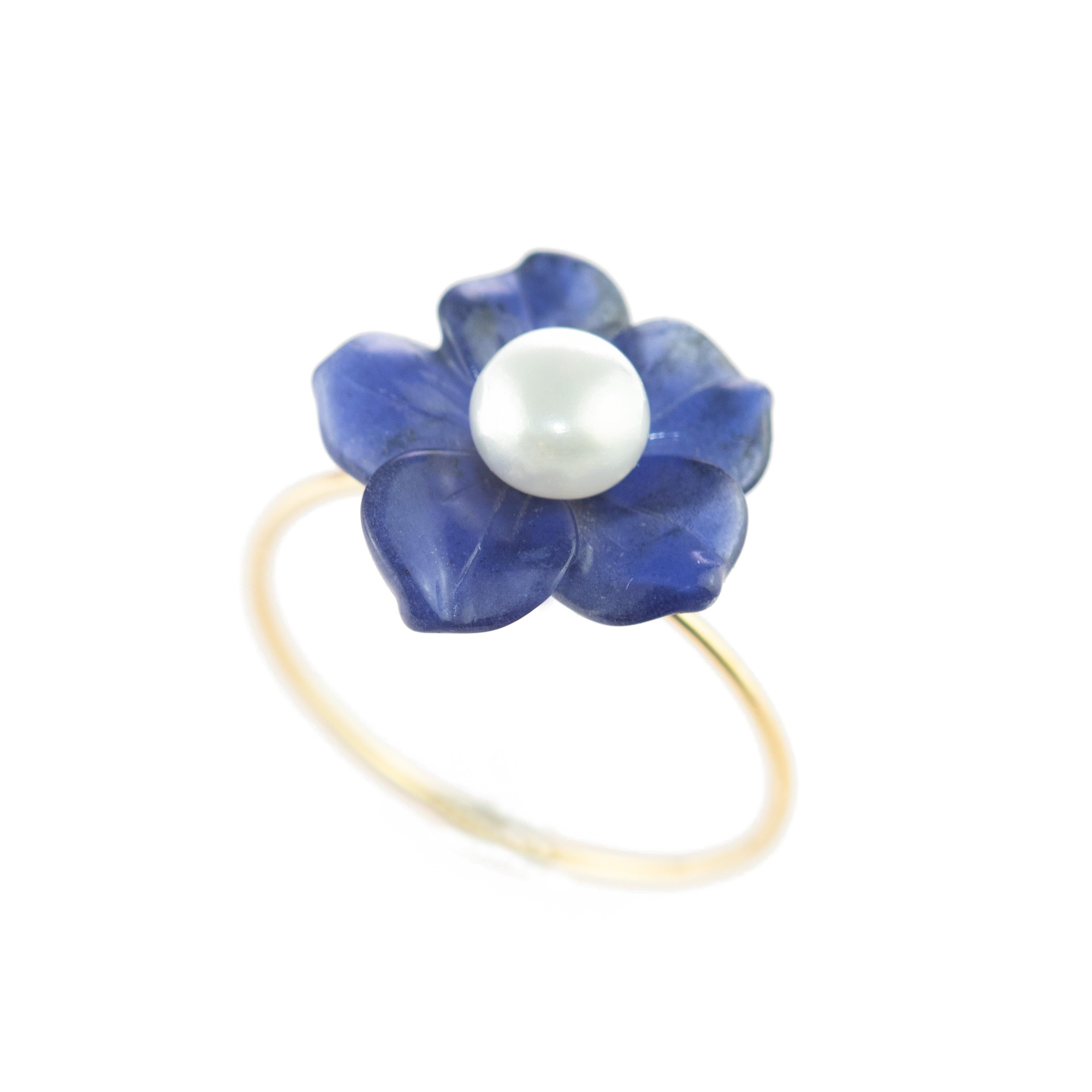 De las mujeres Anillo de Oro de 18 Kilates Lapislázuli Flor Perla de Agua Dulce Primavera Italiana Hecho a Mano en venta