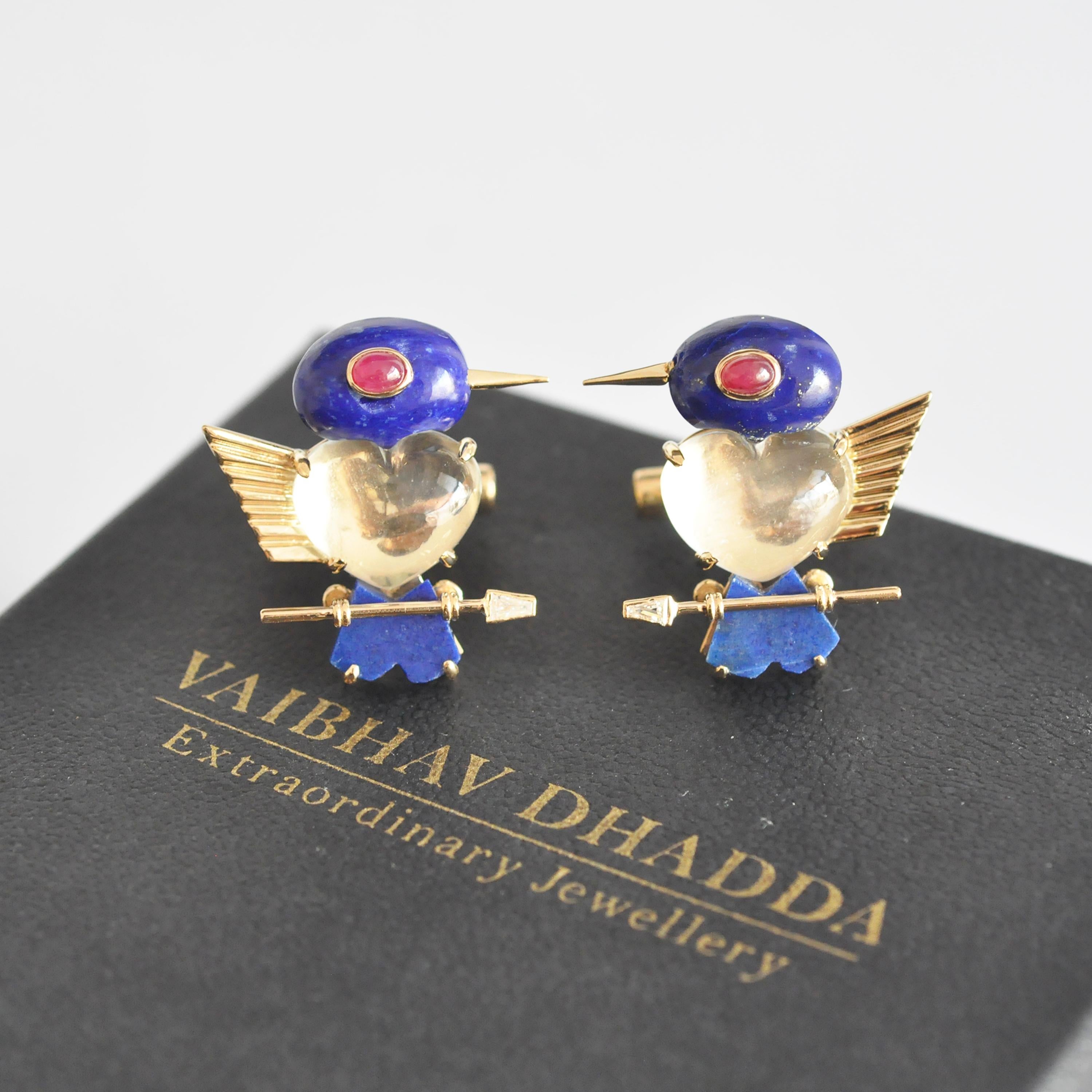18 Karat Gold Lapis Lazuli Moonstone Ruby Diamond Bird Cufflinks 7