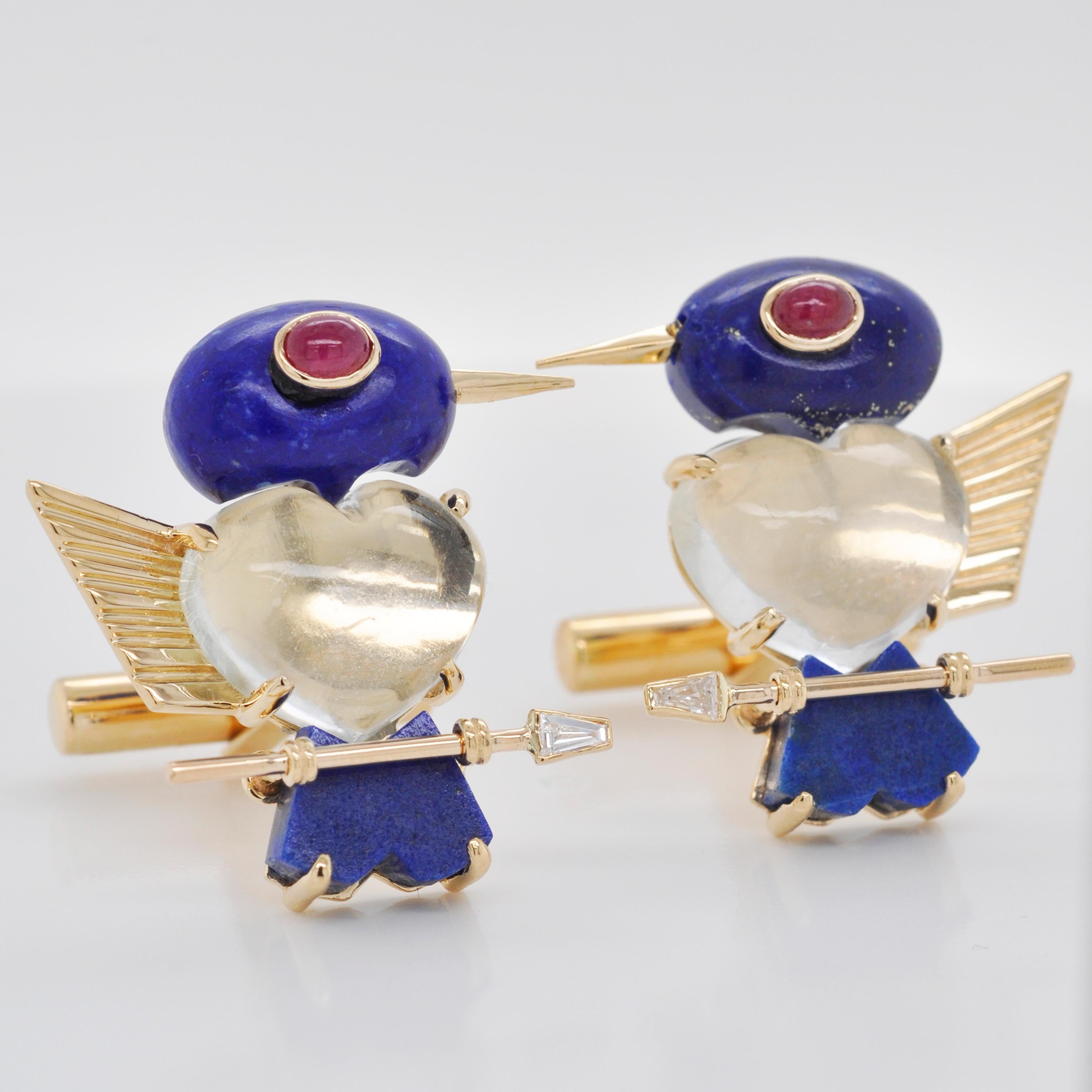 Contemporary 18 Karat Gold Lapis Lazuli Moonstone Ruby Diamond Bird Cufflinks