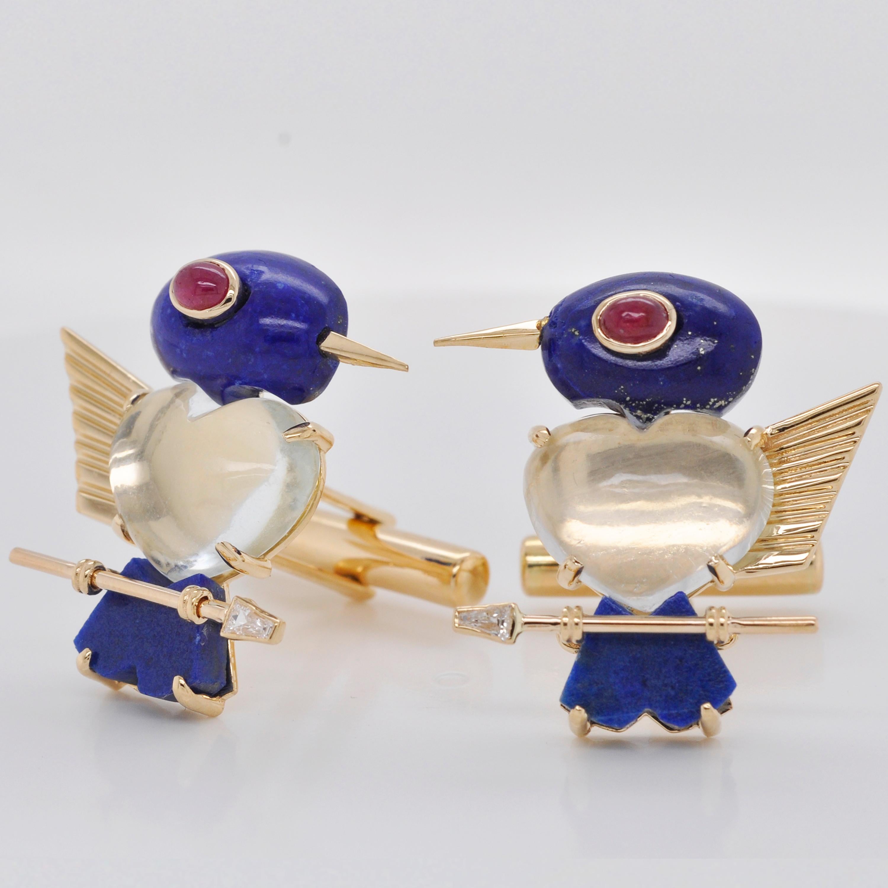 Cabochon 18 Karat Gold Lapis Lazuli Moonstone Ruby Diamond Bird Cufflinks