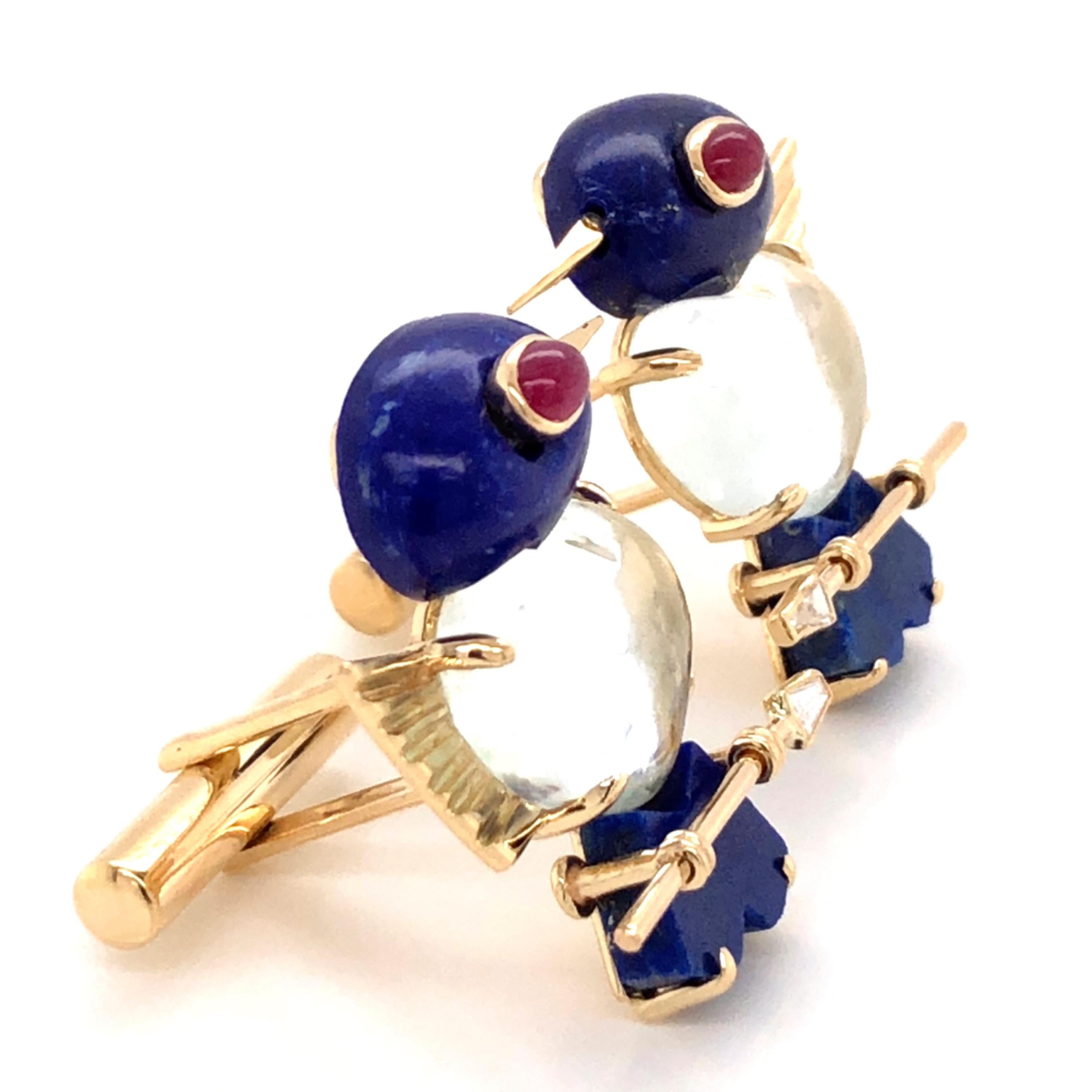 Women's or Men's 18 Karat Gold Lapis Lazuli Moonstone Ruby Diamond Bird Cufflinks