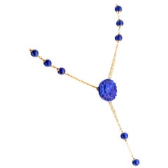 18 Karat Gold Lapis Lazuli Sun Beads Romantic Delicate Chain Y-Necklace