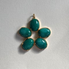 Handmade 18 Karat Solid Yellow Gold Blue Agate Large Flower Pendant