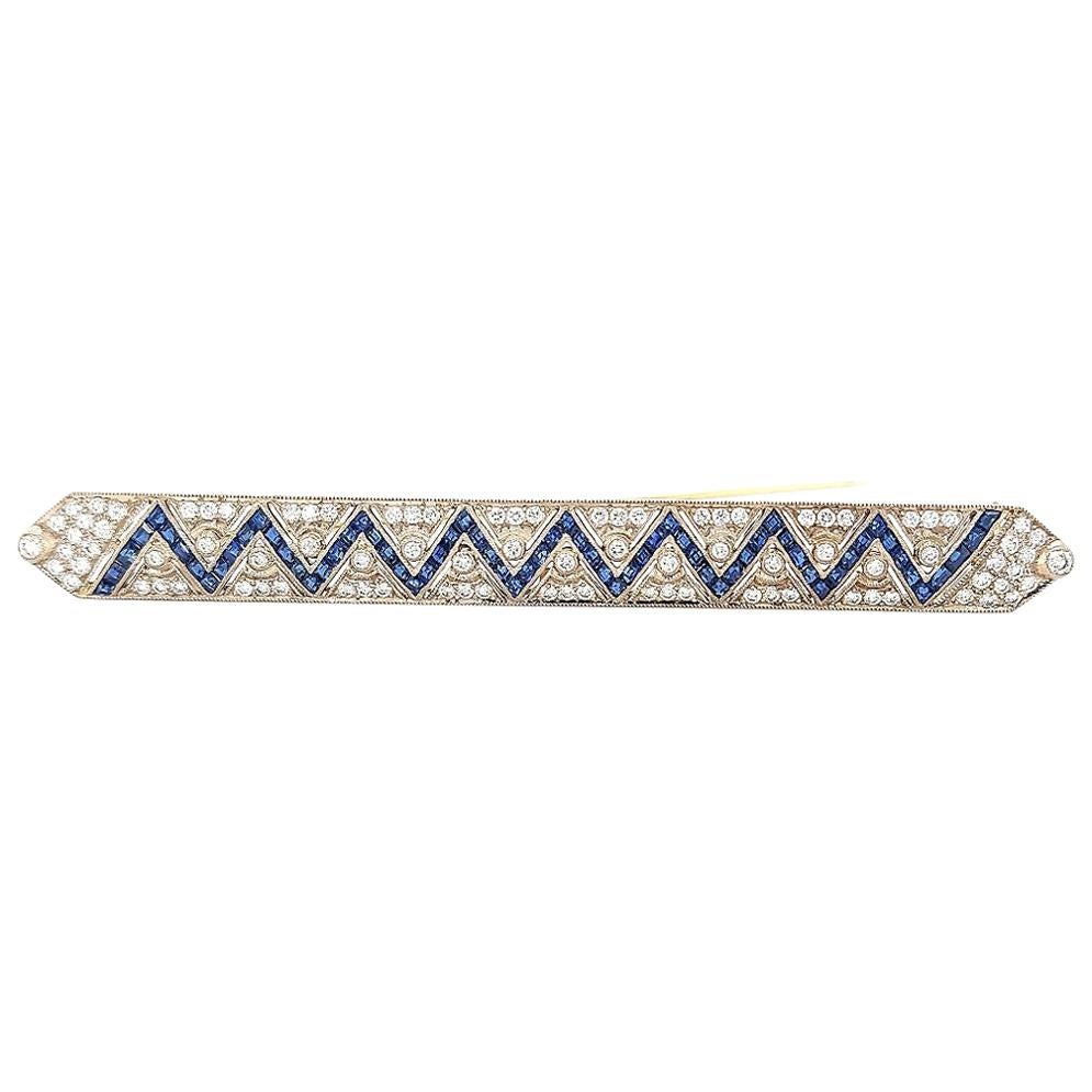 18kt Gold Large Brooch with Zig Zag Sapphires and Diamonds For Sale