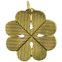 18 Karat Gold Large Engraved Four Leaved Clover or Shamrock Charm Pendant