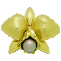 18 Karat Gold, Large Orchid and Tahitian Pearl Pendant Enhancer