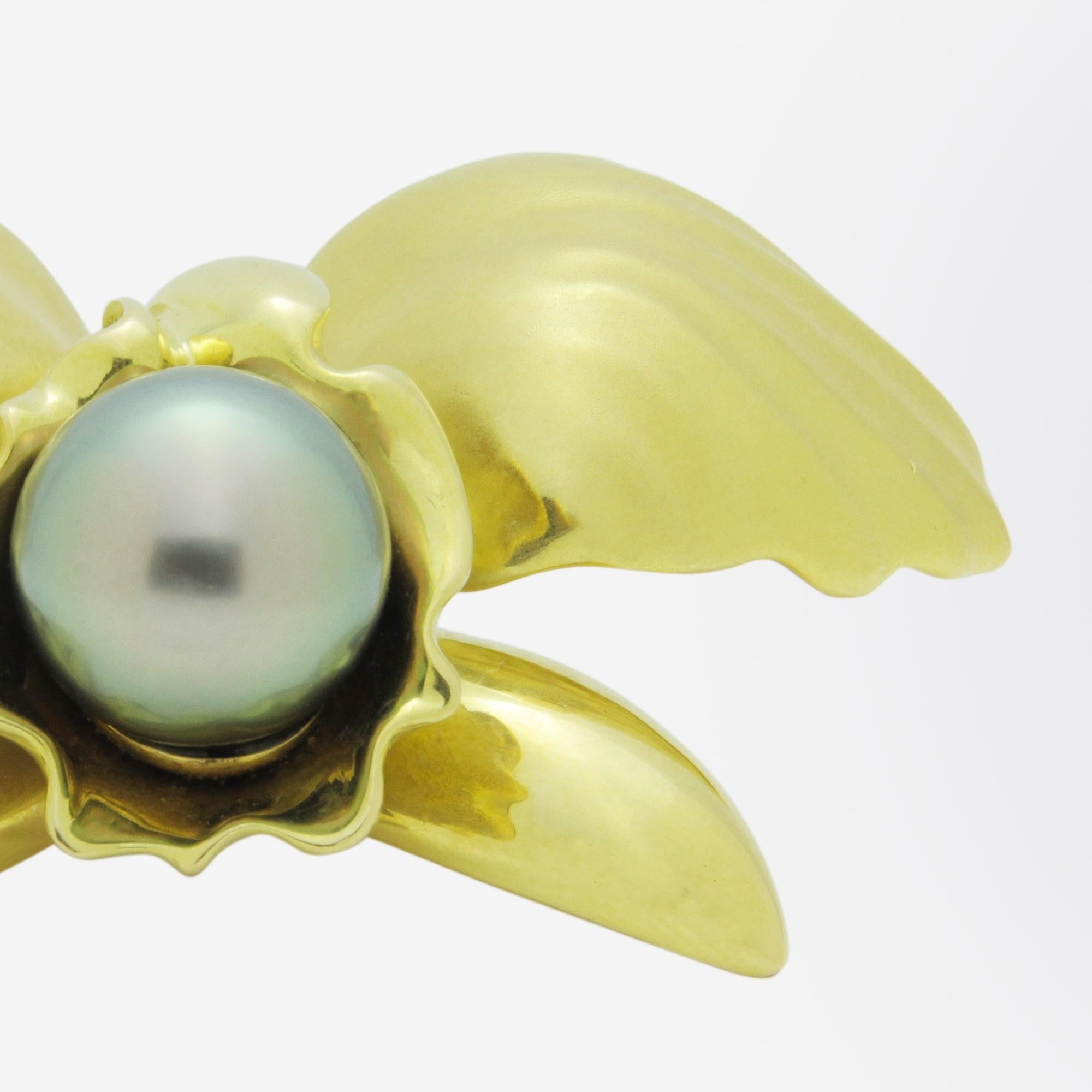 Modern 18 Karat Gold, Large Orchid and Tahitian Pearl Pendant Enhancer