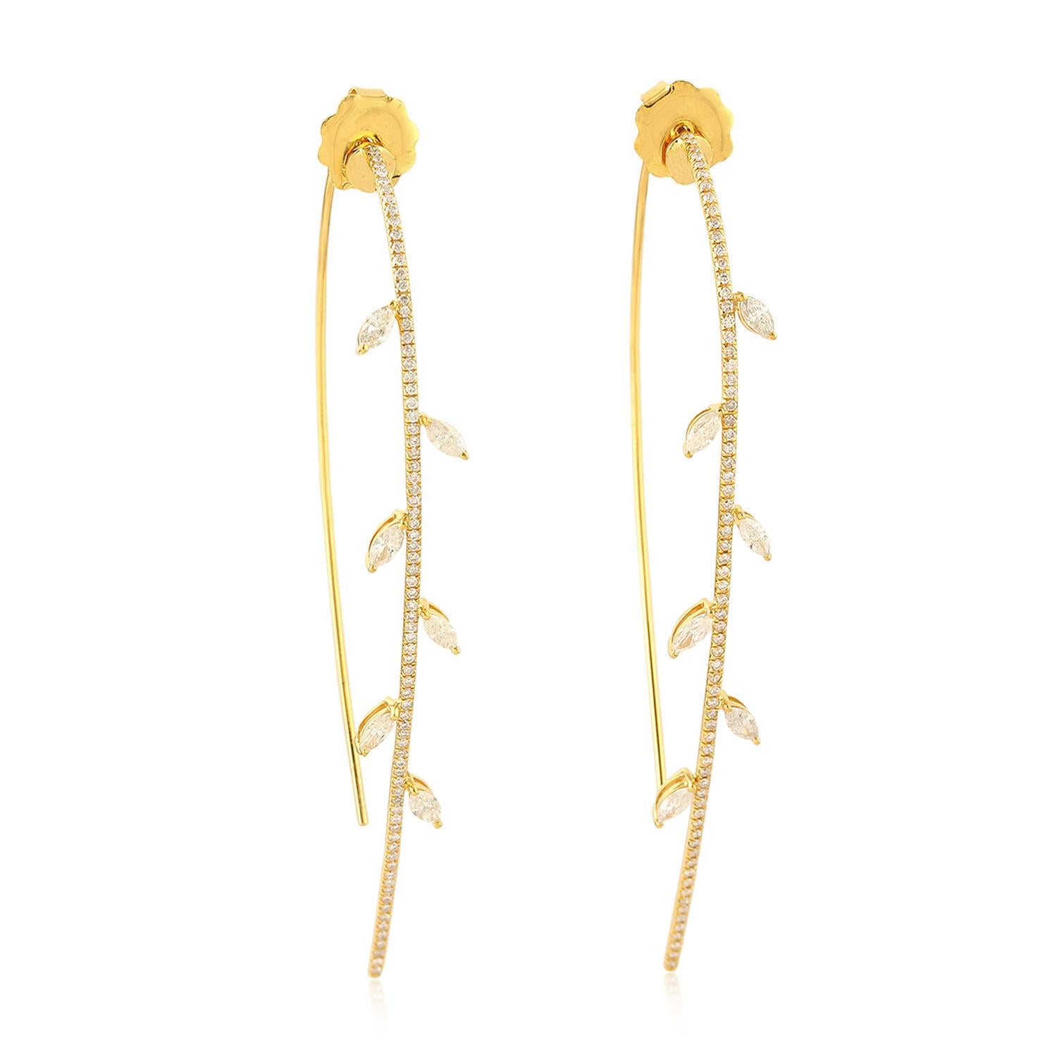 Marquise Cut 18 Karat Gold Leaf Diamond Earrings For Sale