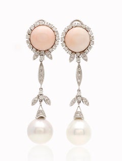 18 Karat Gold Leaf Pink Coral Diamonds Australian Sea Pearl Earrings