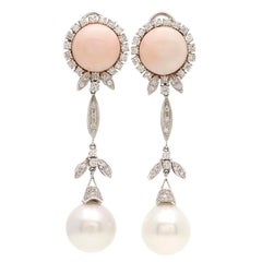18 Karat Gold Leaf Pink Coral Diamonds Australian Sea Pearl Earrings