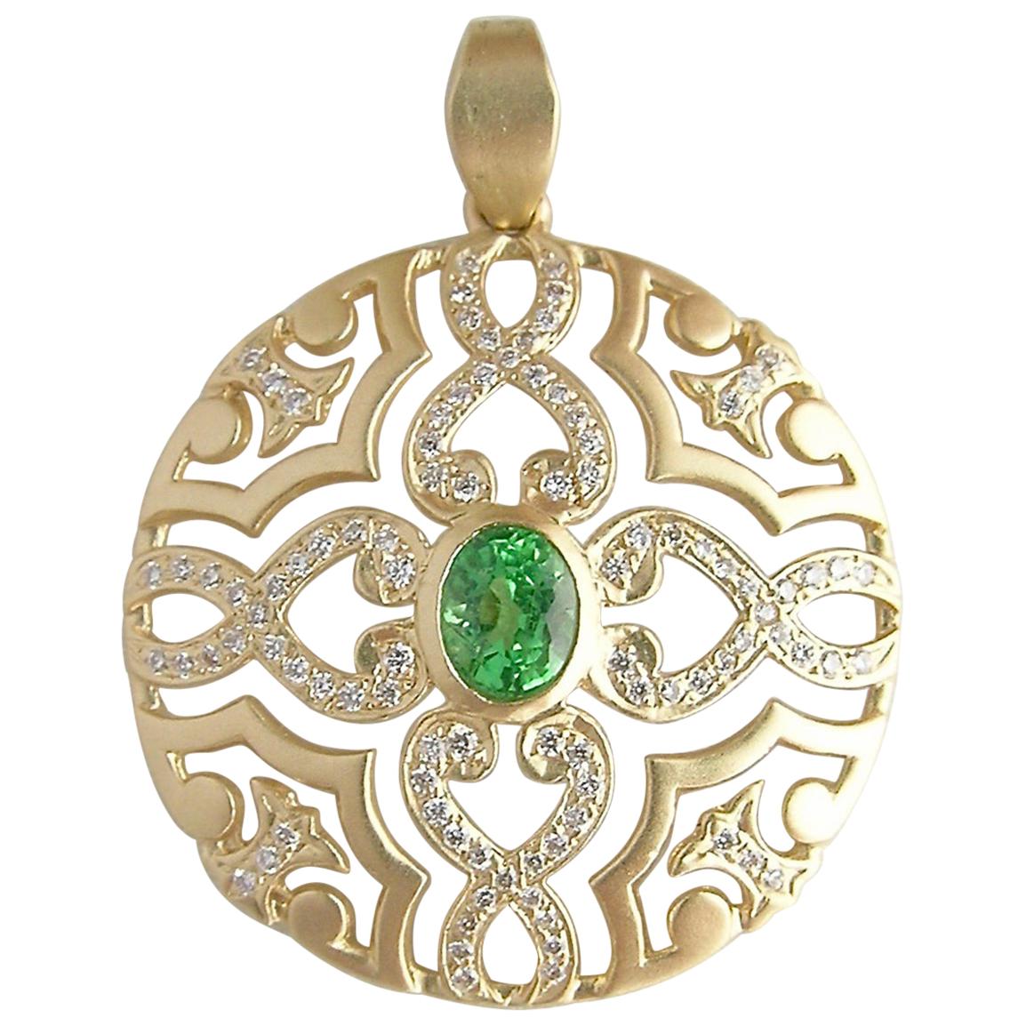 18 Karat Gold Line Mandala Pendant with Diamonds and Green Tsavorite Garnets For Sale