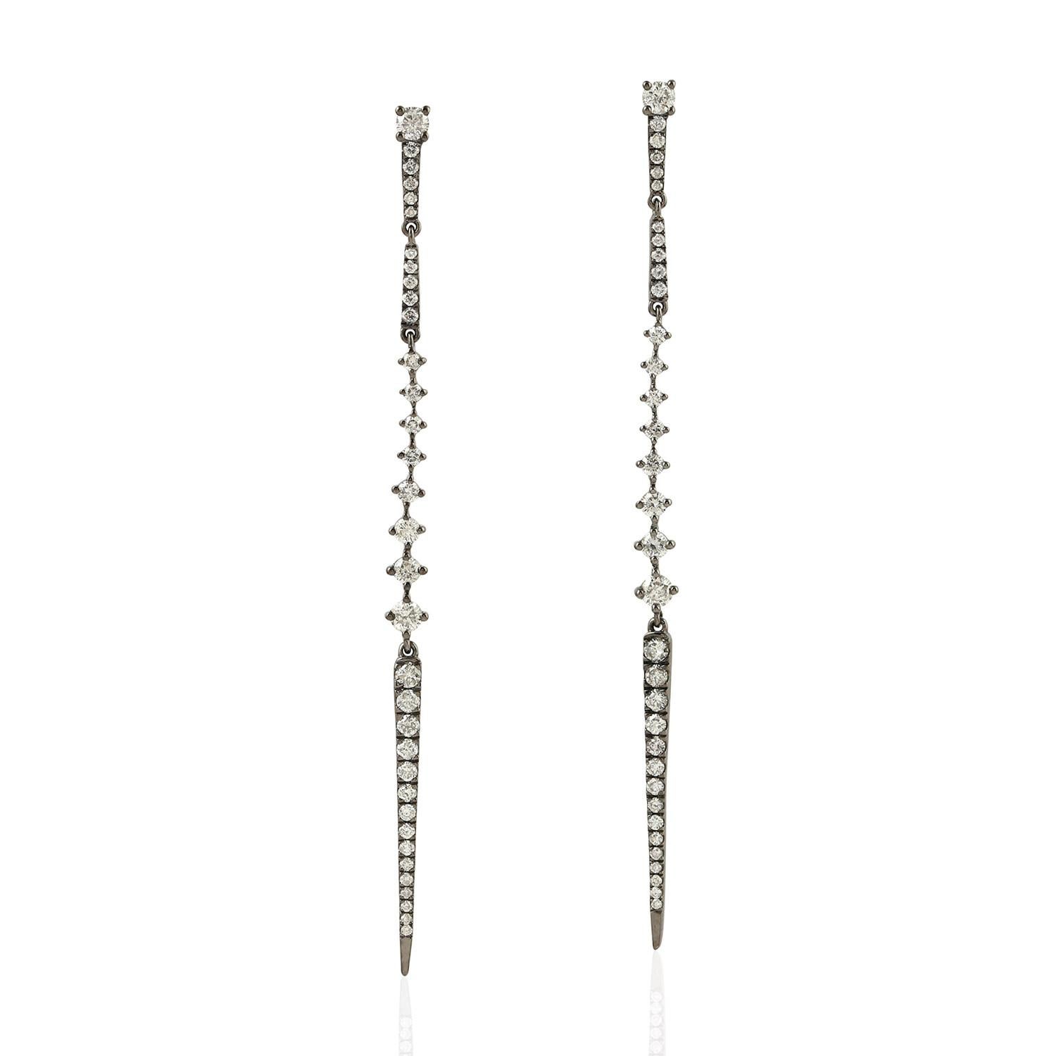 Single Cut 18 Karat Gold Linear Diamond Earrings For Sale