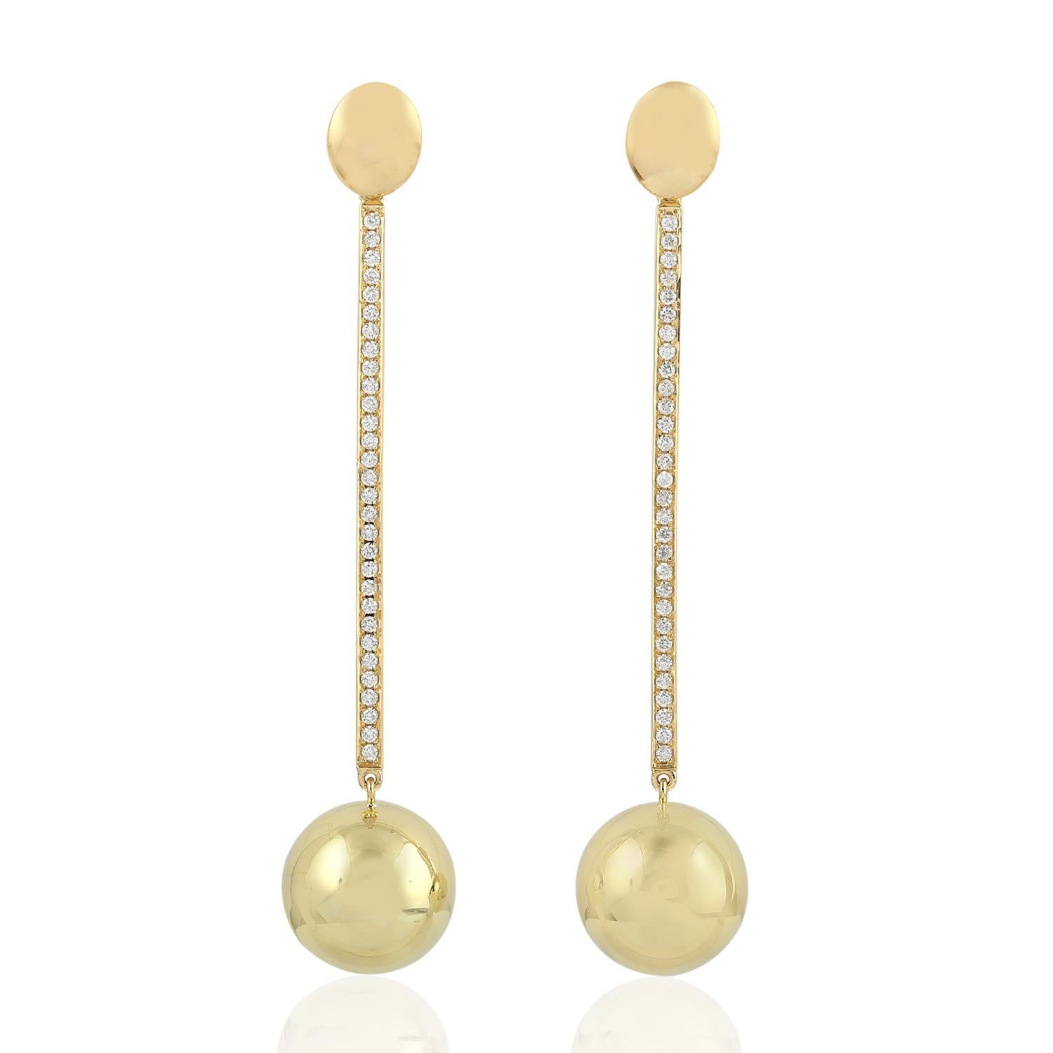 Contemporary 18 Karat Gold Linear Sphere Diamond Earrings For Sale