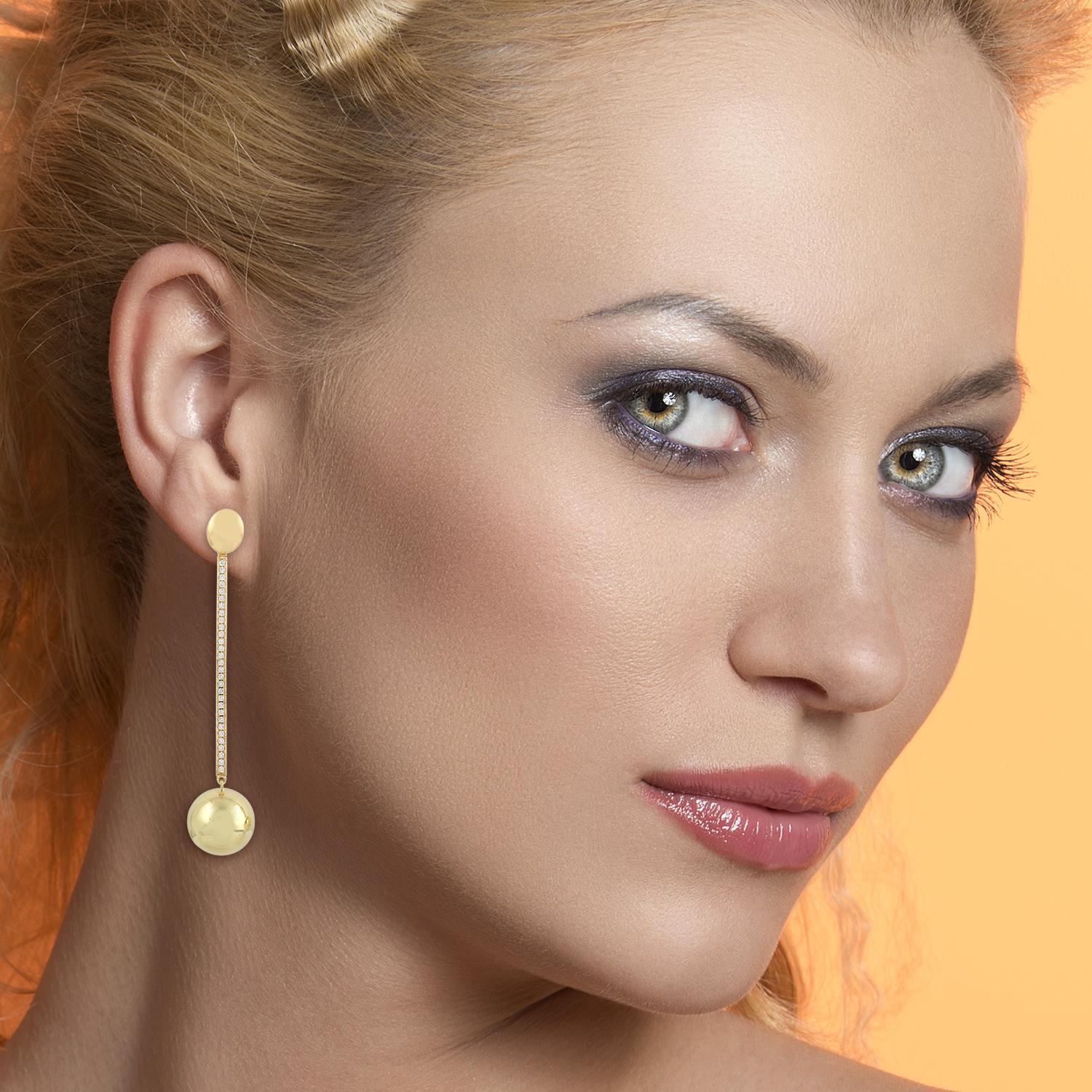 Mixed Cut 18 Karat Gold Linear Sphere Diamond Earrings For Sale