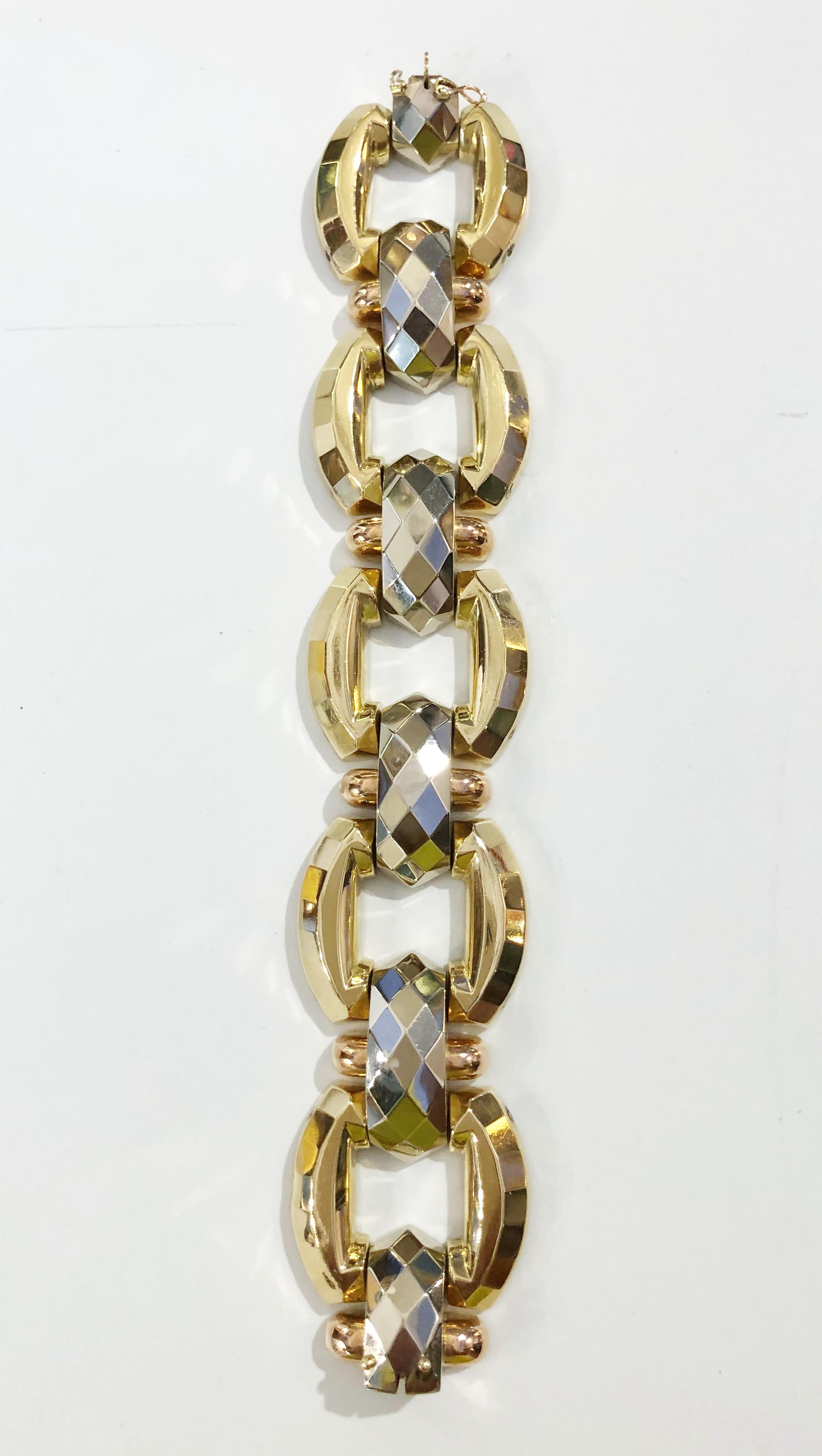 Vintage 18 karat gold links bracelet with yellow gold, rose gold, and white gold, Italy 1940s
Length 20 cm