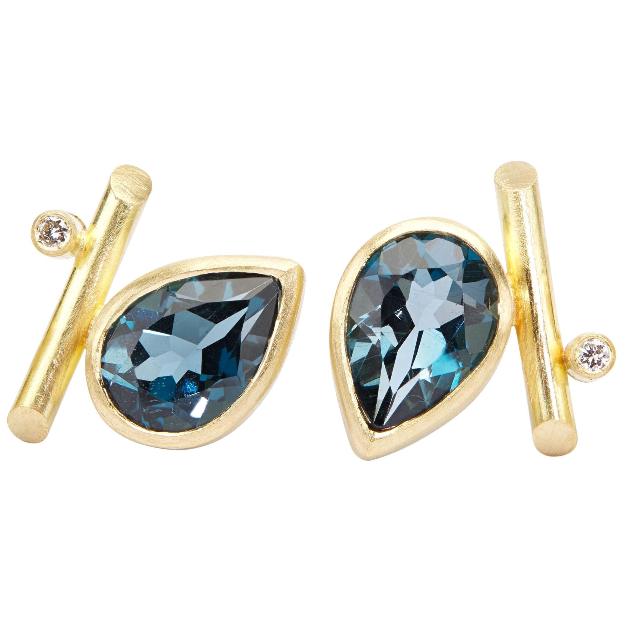 18 Karat Gold, London Blue Topaz, Diamonds Angle Studs Pierced Earrings For Sale