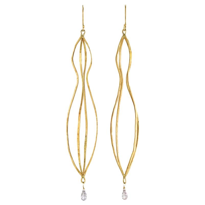 Margery Hirschey 18 Karat Gold Long Cage Earrings with Sapphire Briolette For Sale