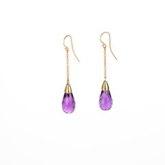 18 Karat Gold Long Chain Pendulum Purple Amethyst Briolette Handmade Earrings