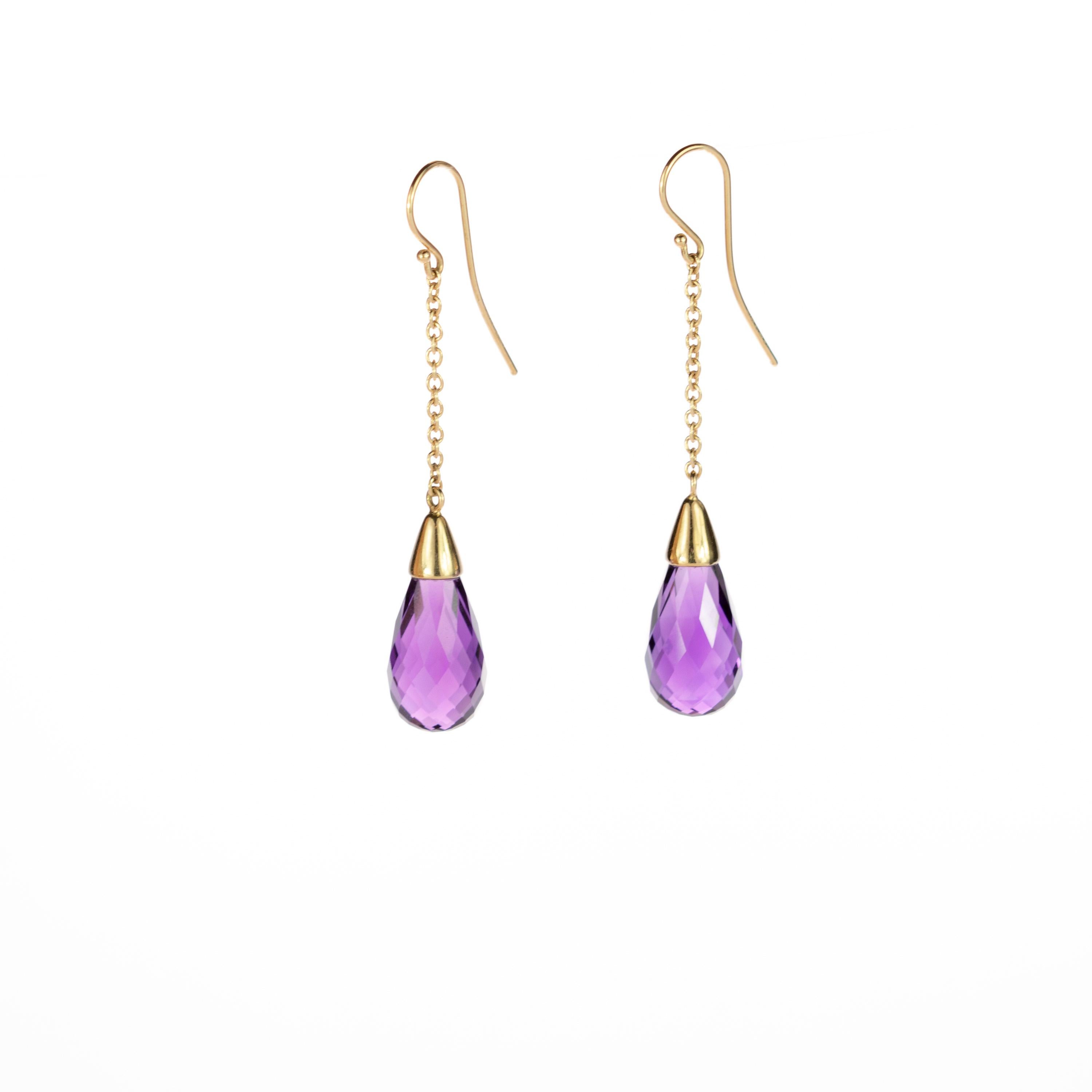 Revival 18 Karat Gold Long Chain Pendulum Purple Amethyst Briolette Handmade Earrings