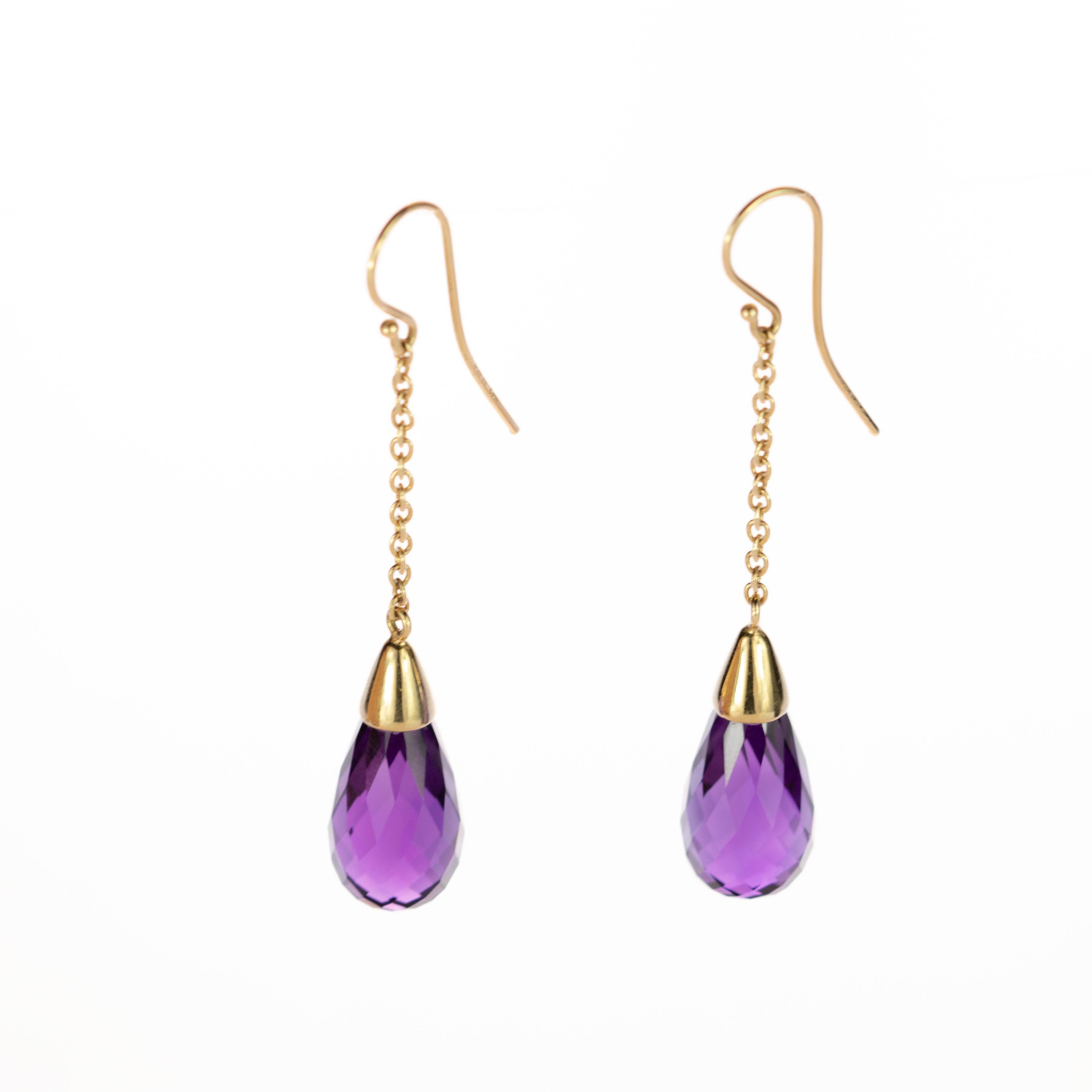 Briolette Cut 18 Karat Gold Long Chain Pendulum Purple Amethyst Briolette Handmade Earrings