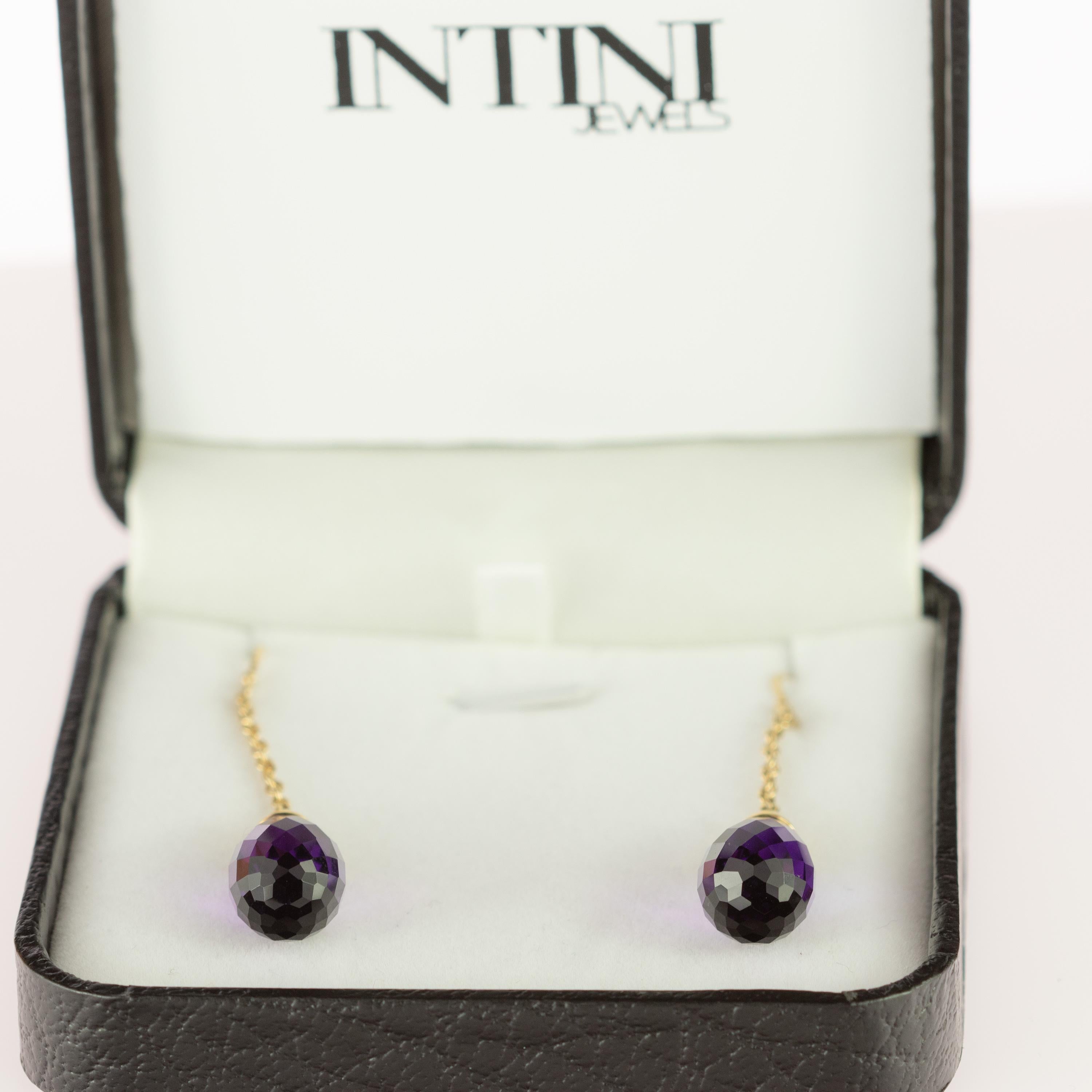 Women's 18 Karat Gold Long Chain Pendulum Purple Amethyst Briolette Handmade Earrings