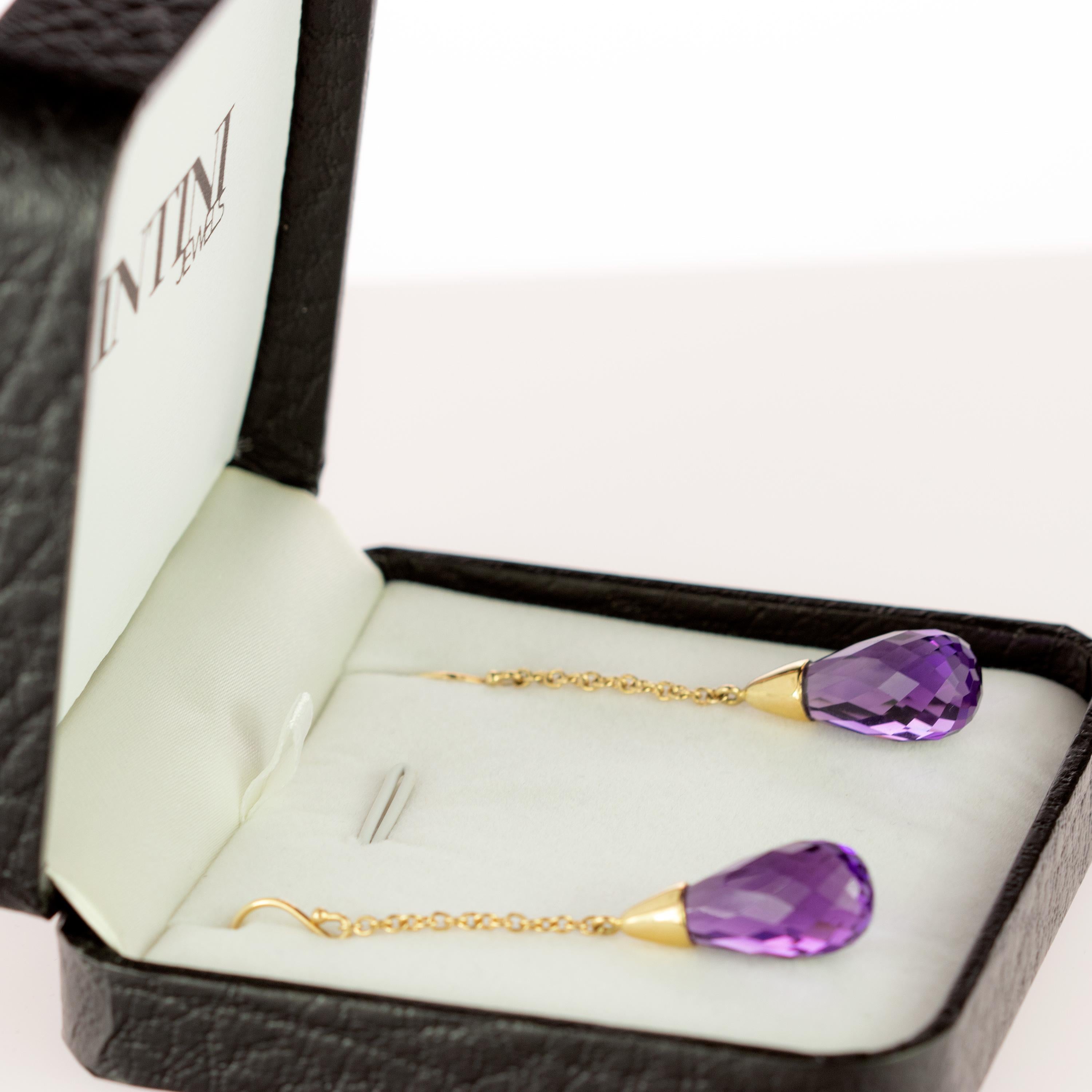 Briolette Cut 18 Karat Gold Long Chain Pendulum Purple Amethyst Briolette Handmade Earrings For Sale