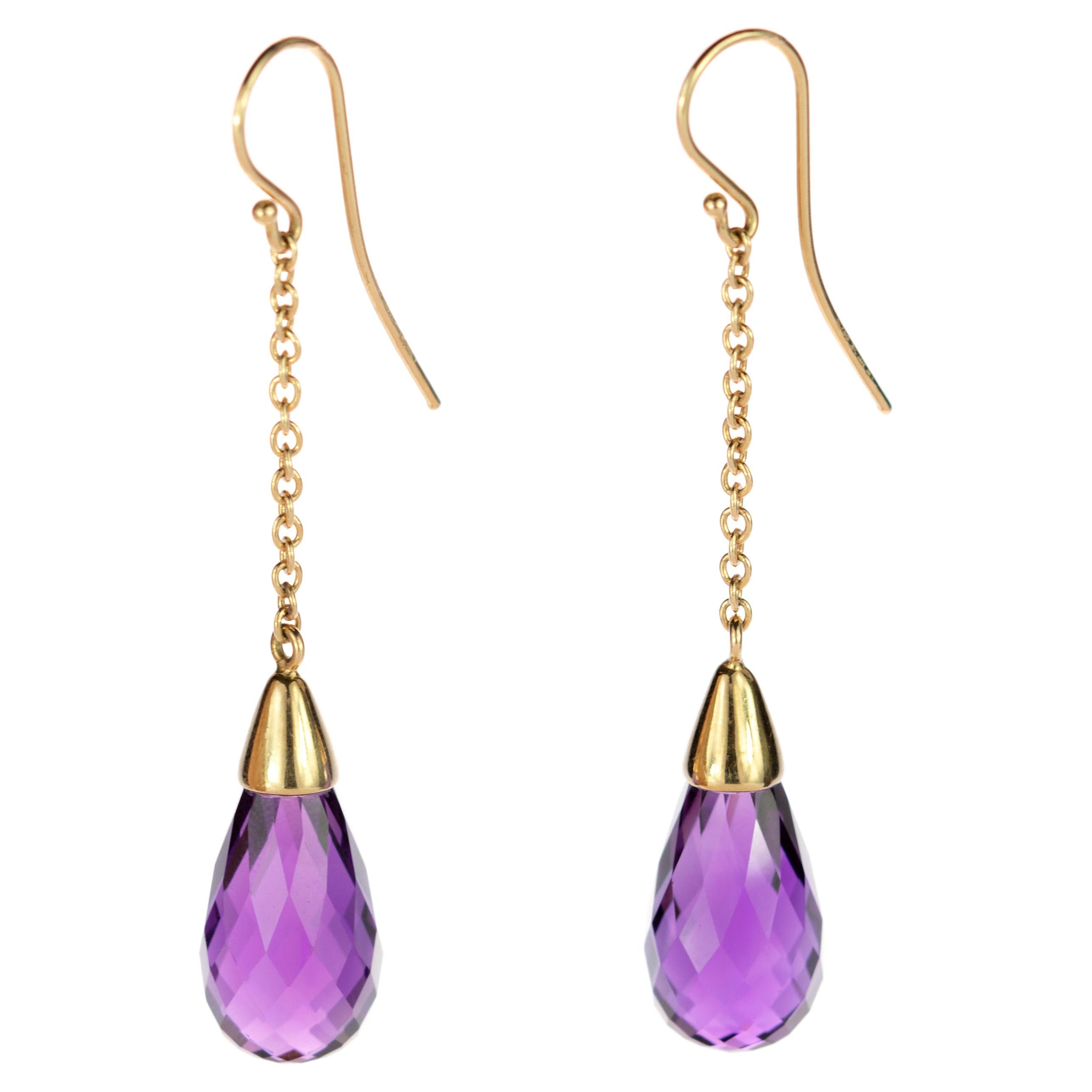 18 Karat Gold Long Chain Pendulum Purple Amethyst Briolette Handmade Earrings