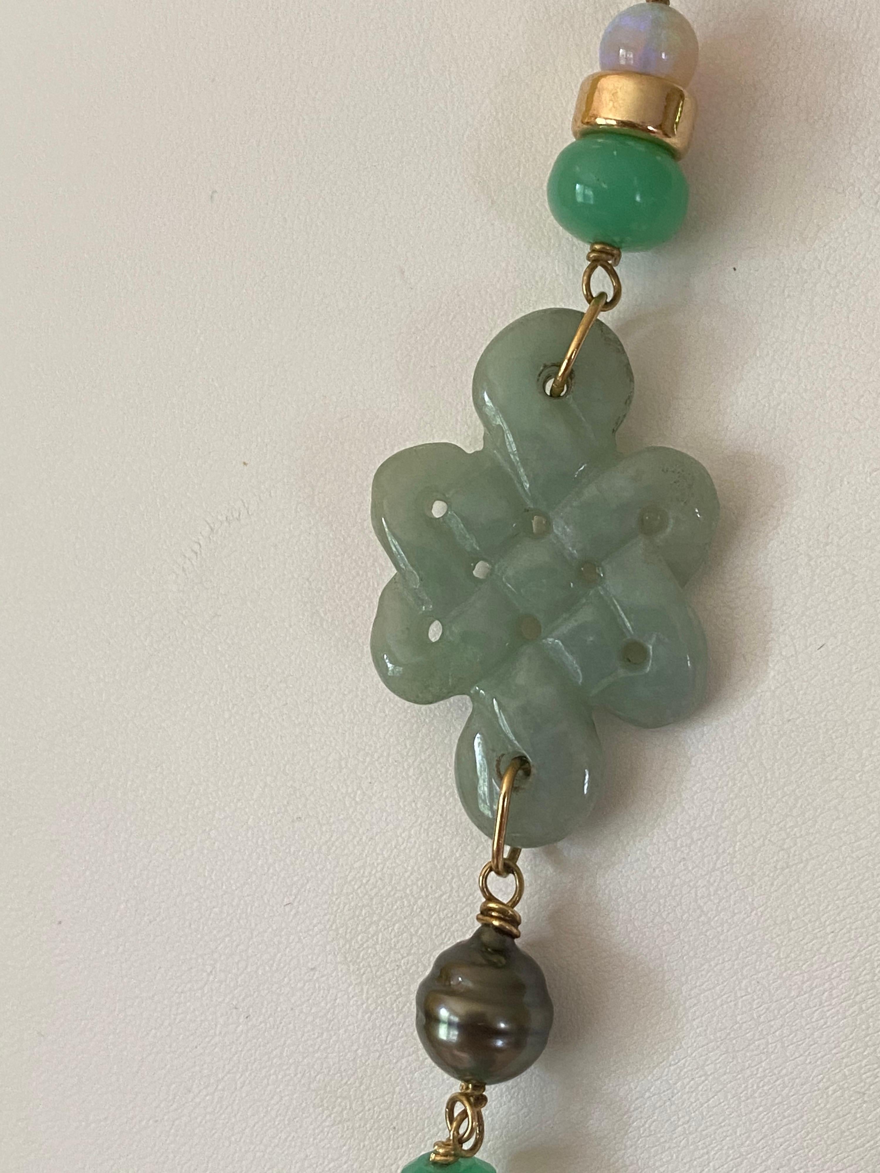 Ball Cut 18 Karat Gold Long Jadeite, Jade, Tahitian Pearl, Multi Gem Designer Necklace For Sale
