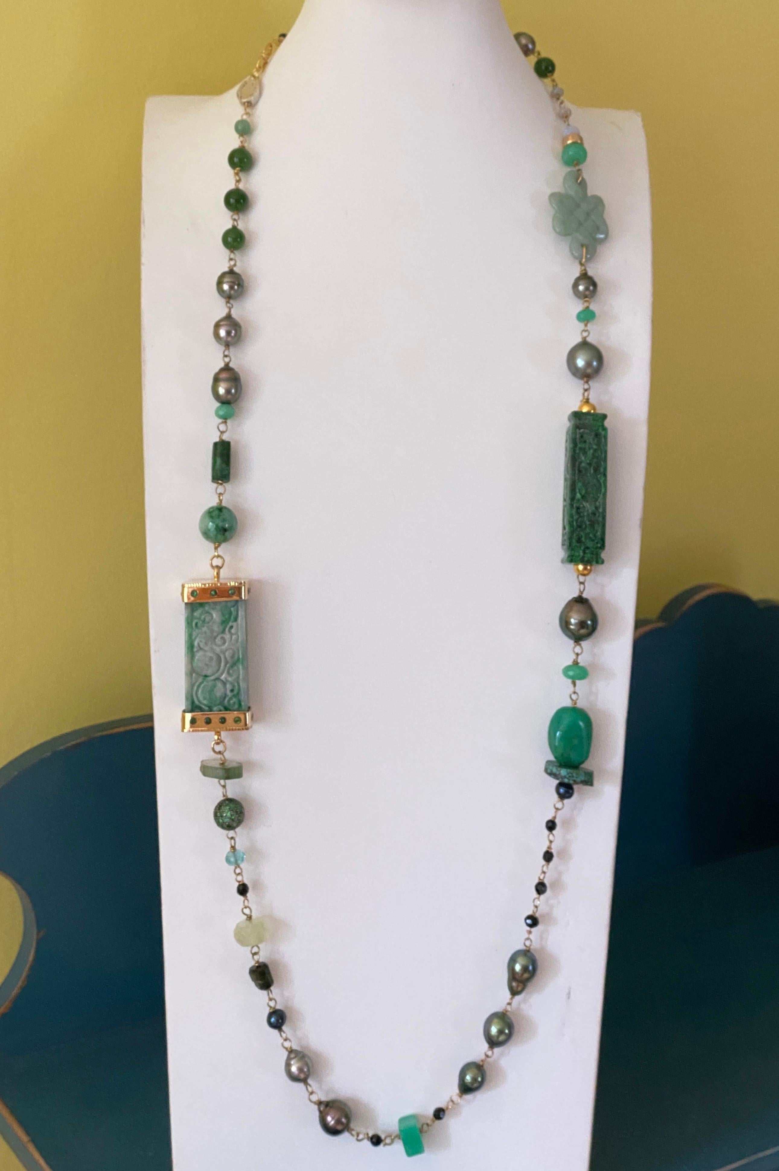 Women's or Men's 18 Karat Gold Long Jadeite, Jade, Tahitian Pearl, Multi Gem Designer Necklace