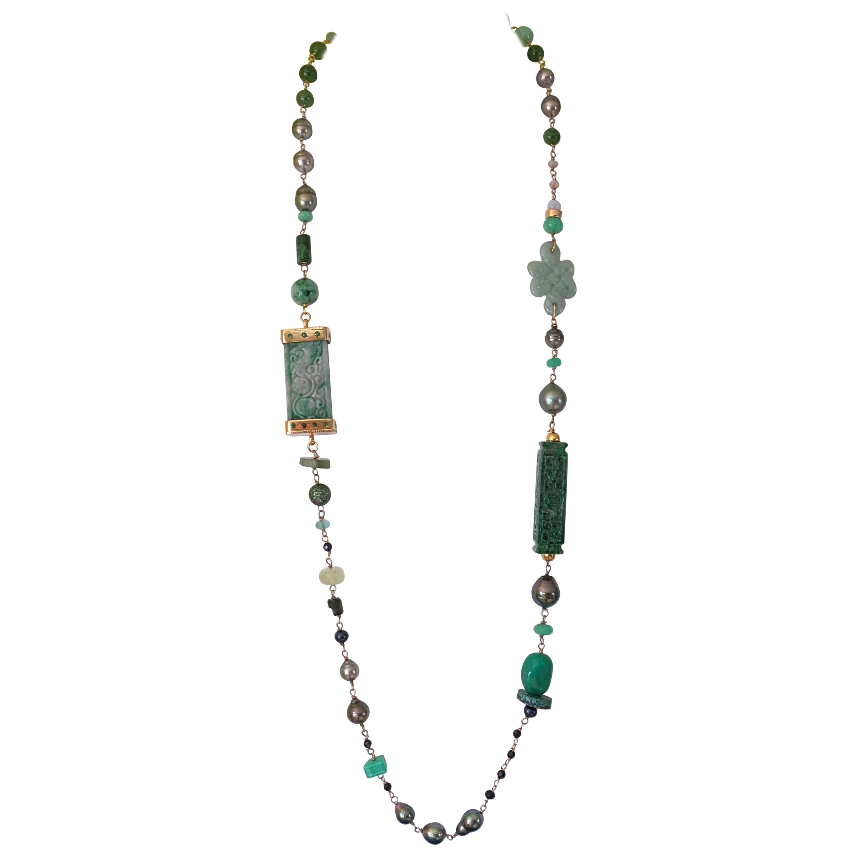 18 Karat Gold Long Jadeite, Jade, Tahitian Pearl, Multi Gem Designer Necklace For Sale