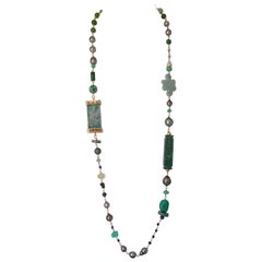 18 Karat Gold Long Jadeite, Jade, Tahitian Pearl, Multi Gem Designer Necklace