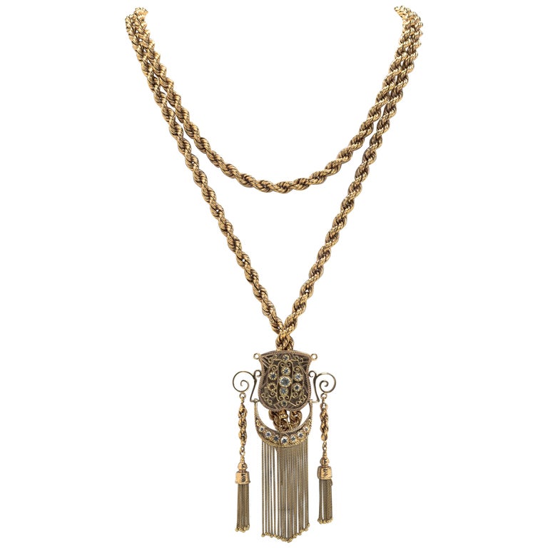 18 Karat Gold Long Rope Chain Necklace with Sliding Medallion For Sale