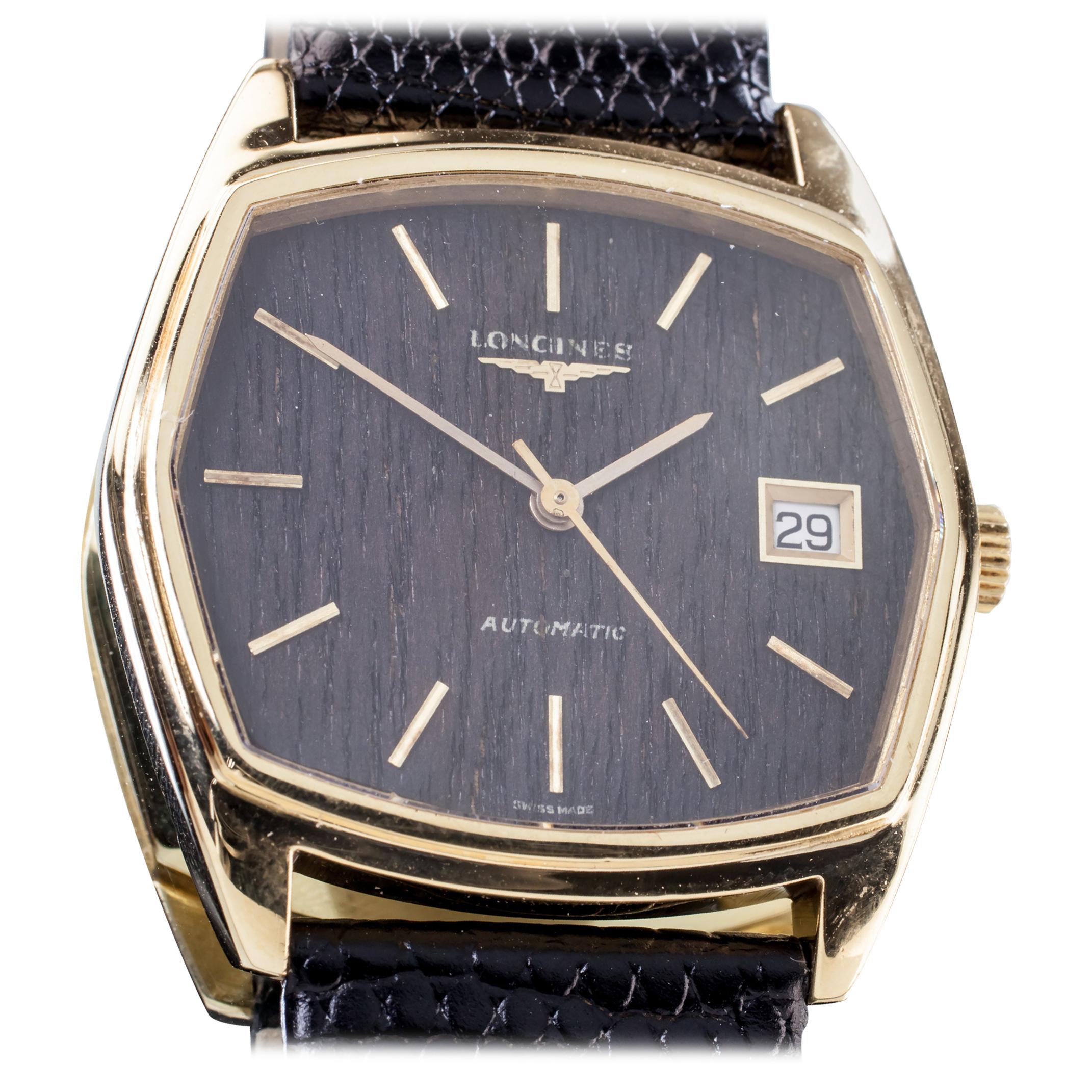 18 Karat Gold Longines Men's Automatic Watch with Wood Dial and Leather Band