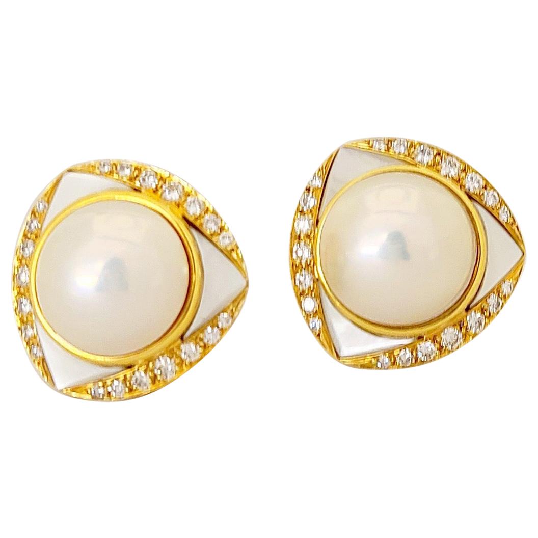 18 Karat Gold, Mabe Pearl & Mother of Pearl Clip-On Earring, 1.06 Carat Diamonds For Sale