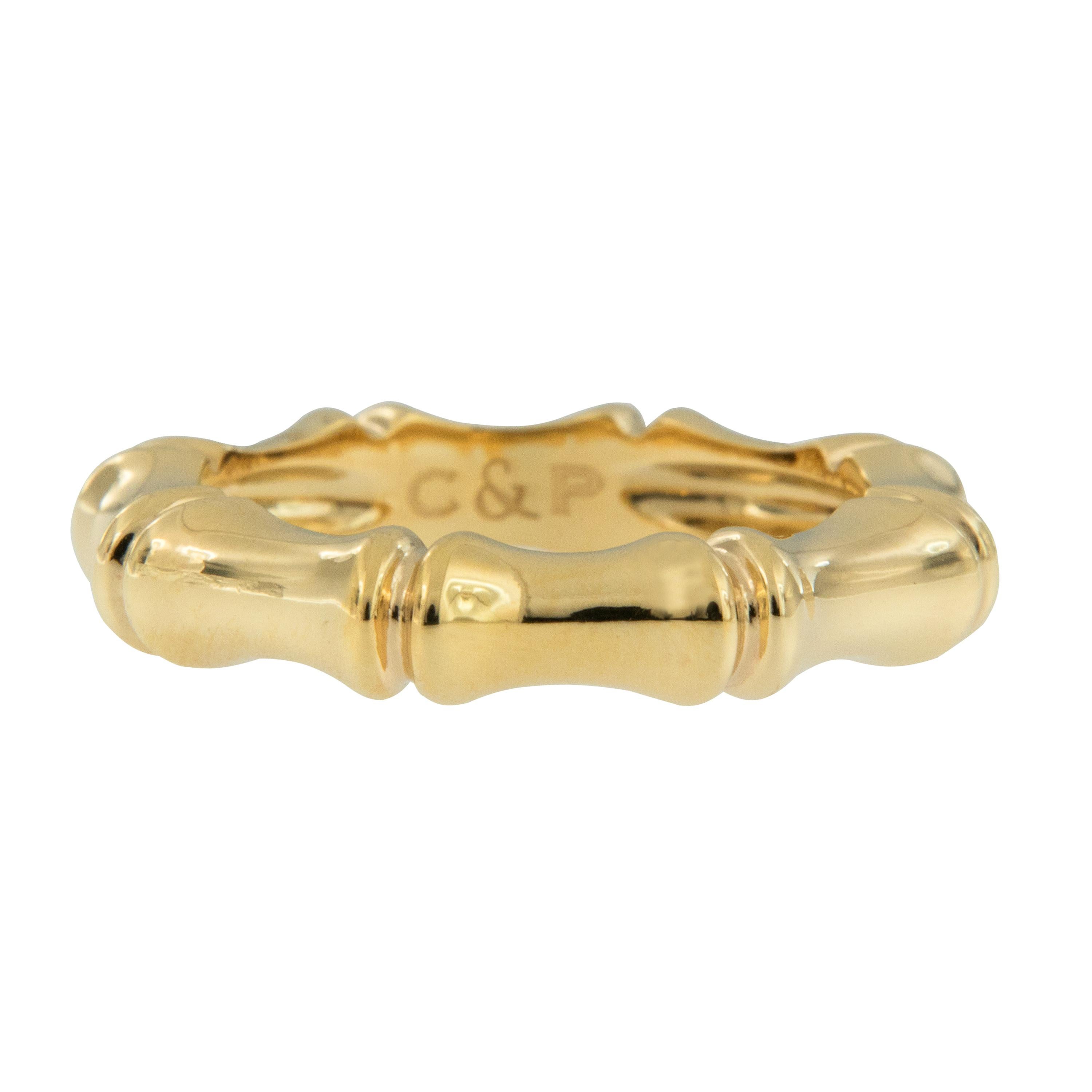 In Chinese culture, bamboo symbolizes strength, acceptance of the natural flow, continuous growth and openness to wisdom. What better way to be mindful of these attributes than wearing this iconic 18 karat yellow gold bamboo motif ring made in Italy