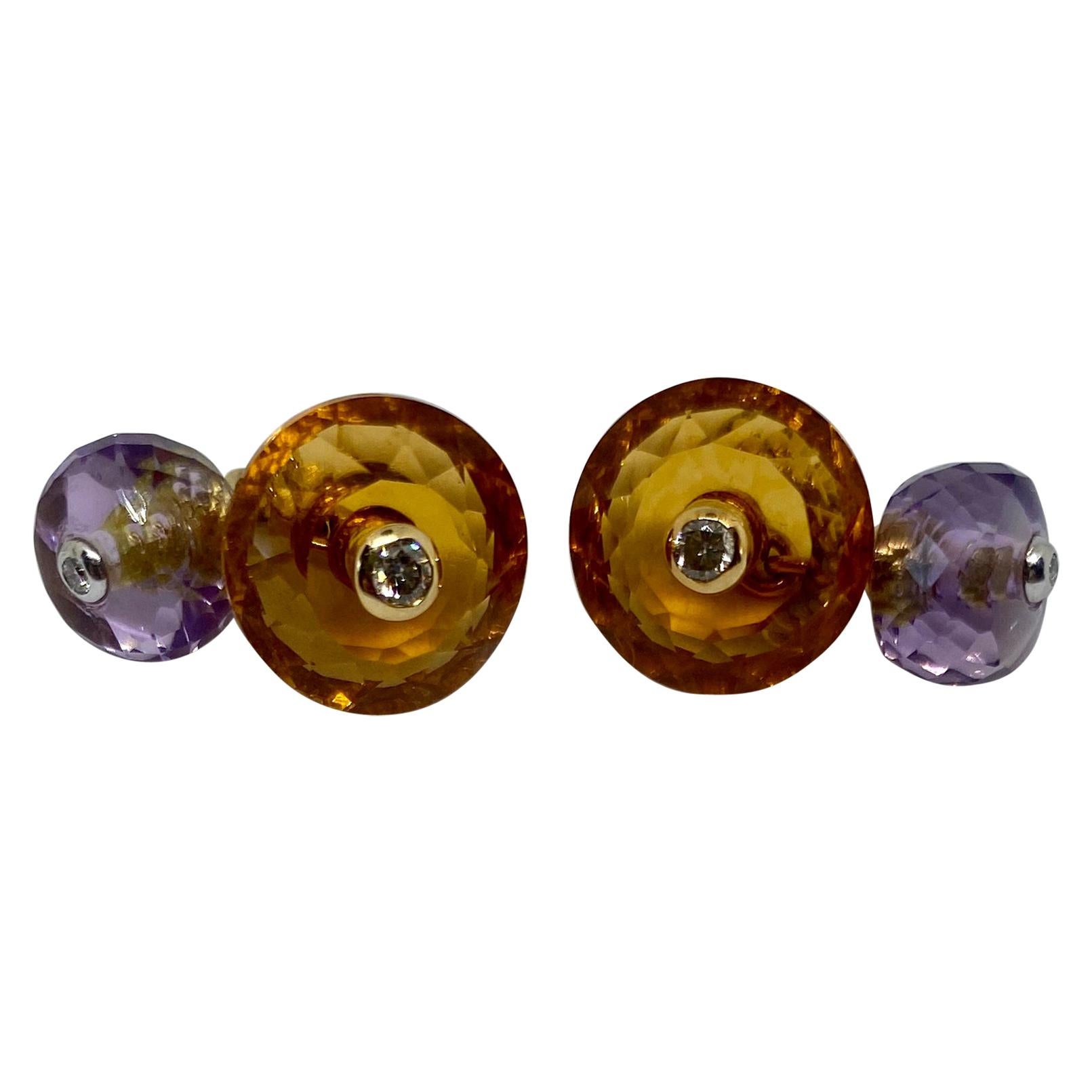 18 Karat Gold, Madera Citrine, Amethyst and Diamond Cufflinks