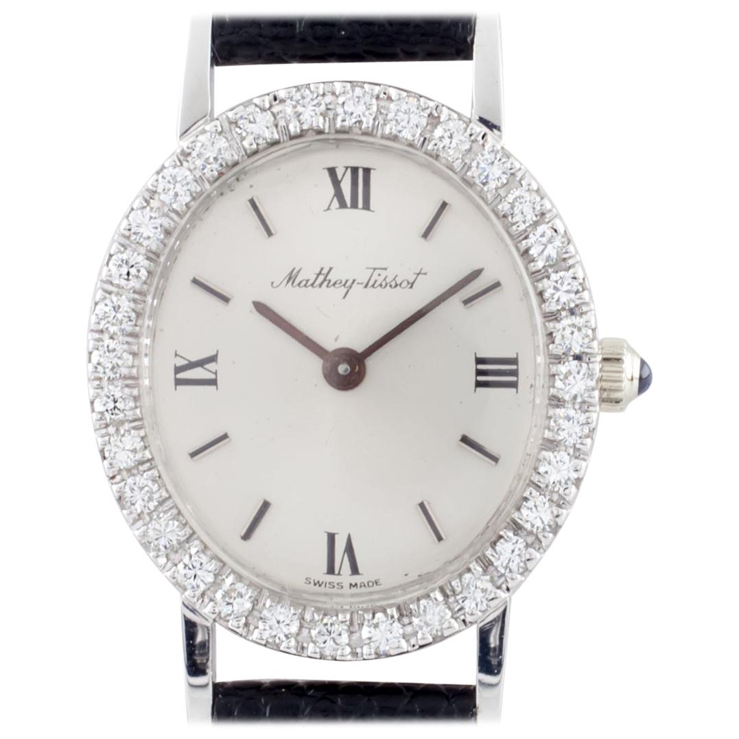18 Karat Gold Mathey-Tissot Handaufzug Uhr mit Diamant-Lünette & Lederband