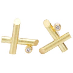 18 Karat Gold Mini Crisscross Diamond Stud Pierced Earrings