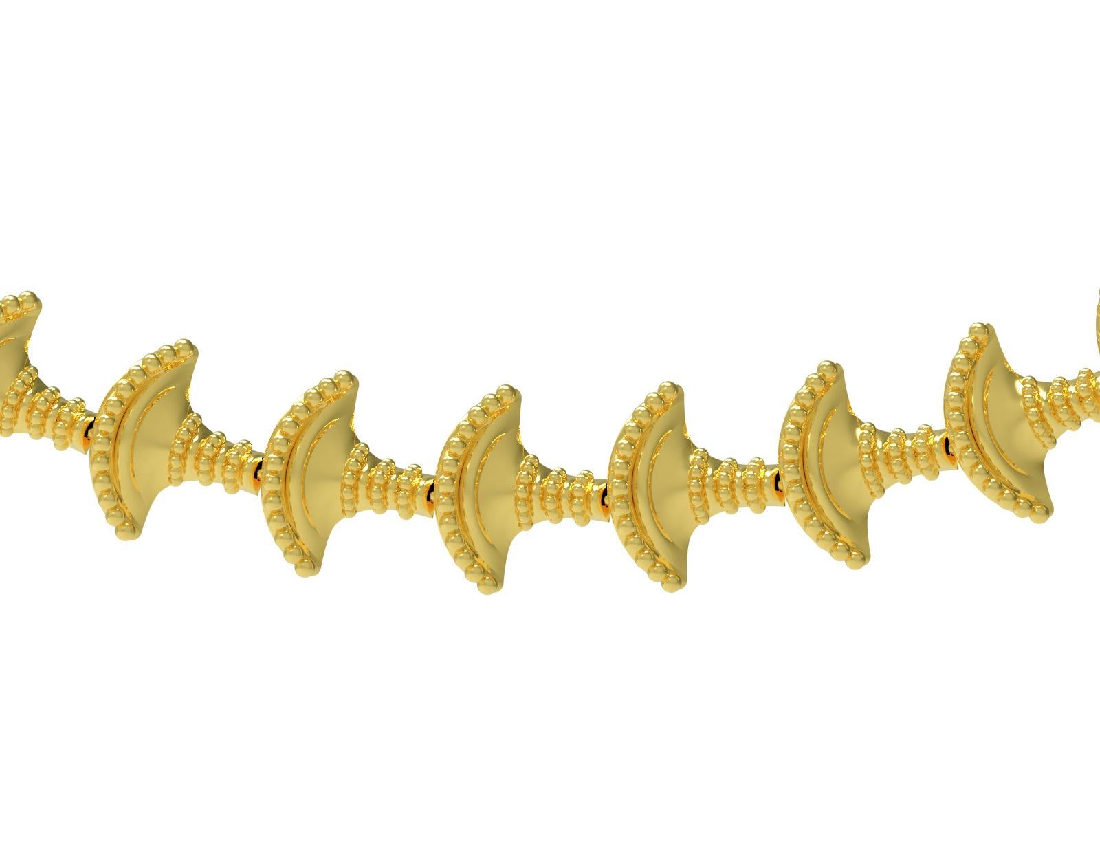 Collier en or jaune 18 carats inspiré des paniers minoens par Romae Jewelry. Ce superbe collier s'inspire d'une pièce d'or minoenne provenant de la région de Knossos, en Crète, datant d'environ 1450 av. Il est composé de petits maillons en forme de